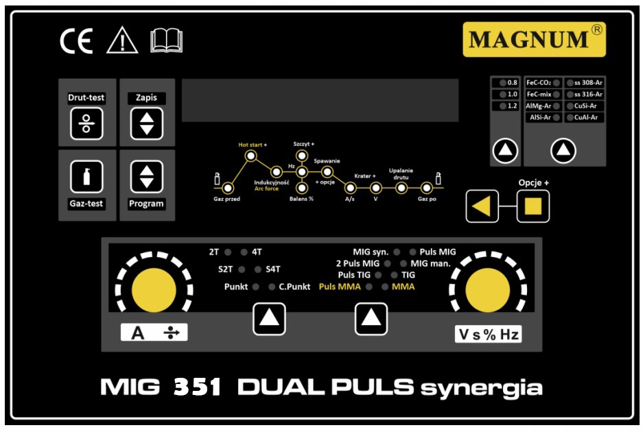 SPAWARKA MIGOMAT MAGNUM MIG 351 DUAL PULS SYNERGIA IGBT 350A 400V SPOT 4X4 Czas cyklu pracy 60%