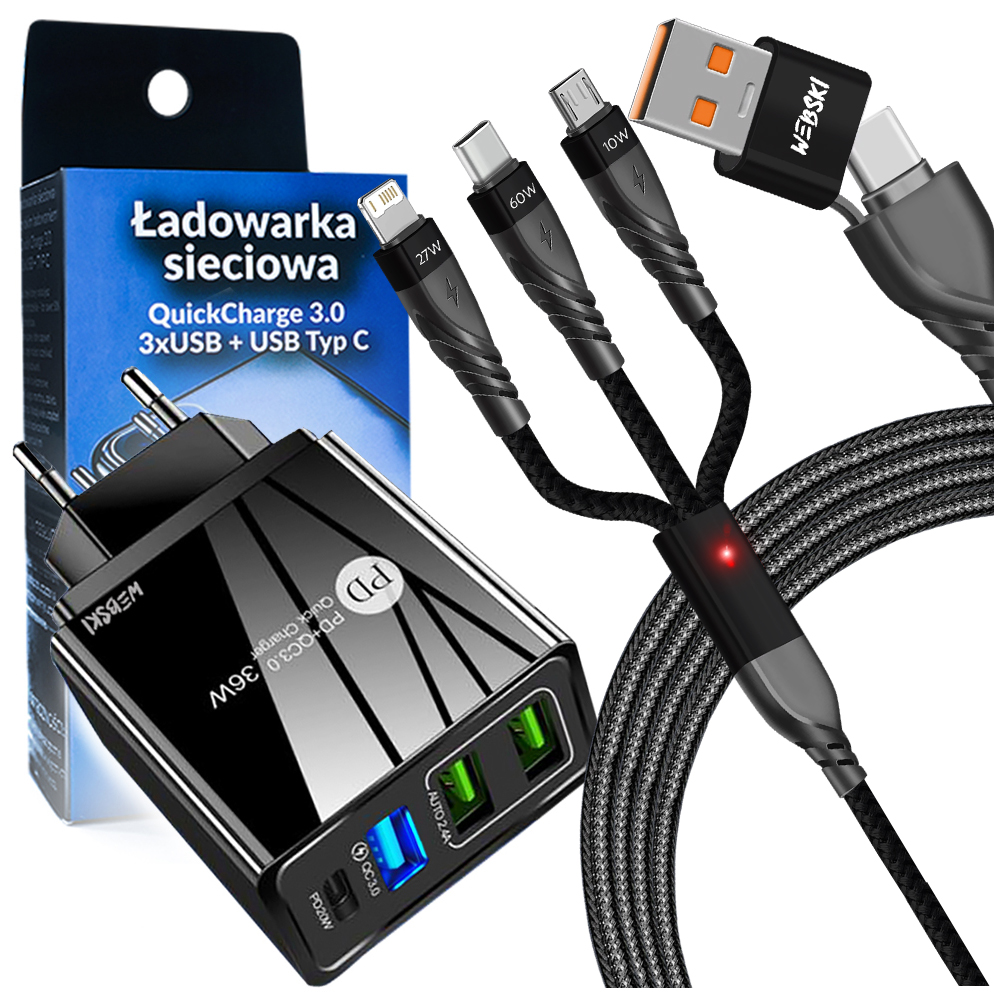 Ładowarka Sieciowa Kostka Do Ładowania Telefonu 4xUSB Qc Pd Szybki Kabel