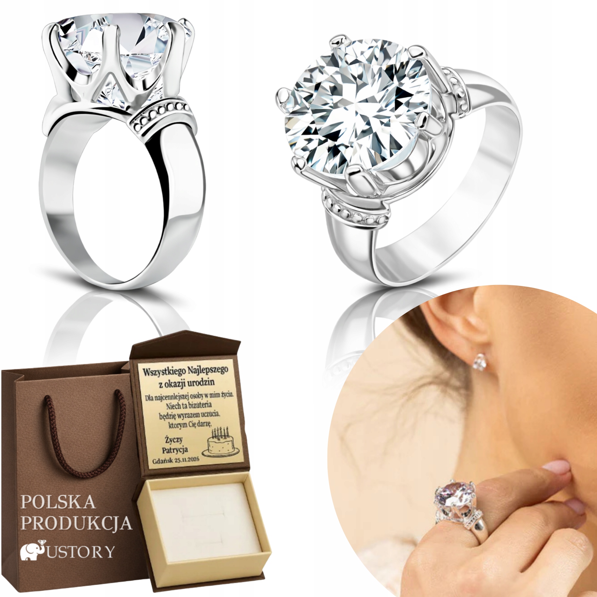 Stříbrný Prstýnek Velký Kámen Zirkon 15 mm 925