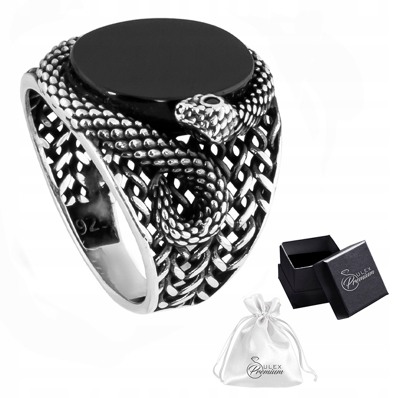 Sygnet Had stříbrný pr 925 Pánský prsten s Hadem a Onyxem Dárek vel. 31