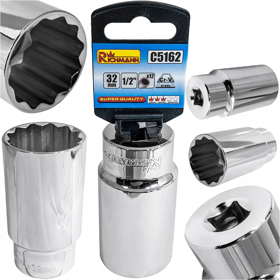 Nasadka Długa Na Klucz Nasadowy 1/2" 12-KĄTNA 32 MM Chromowana Cr-v Solidna