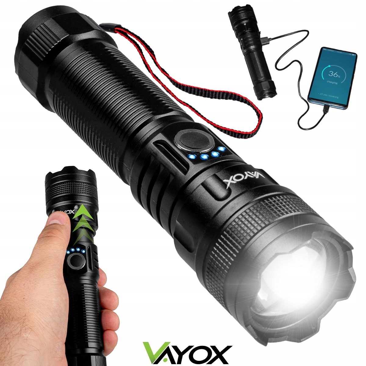 Latarka Led Taktycza Akumulatorowa Zoom Powerbank IPX4 Usb-c 600lm Vayox