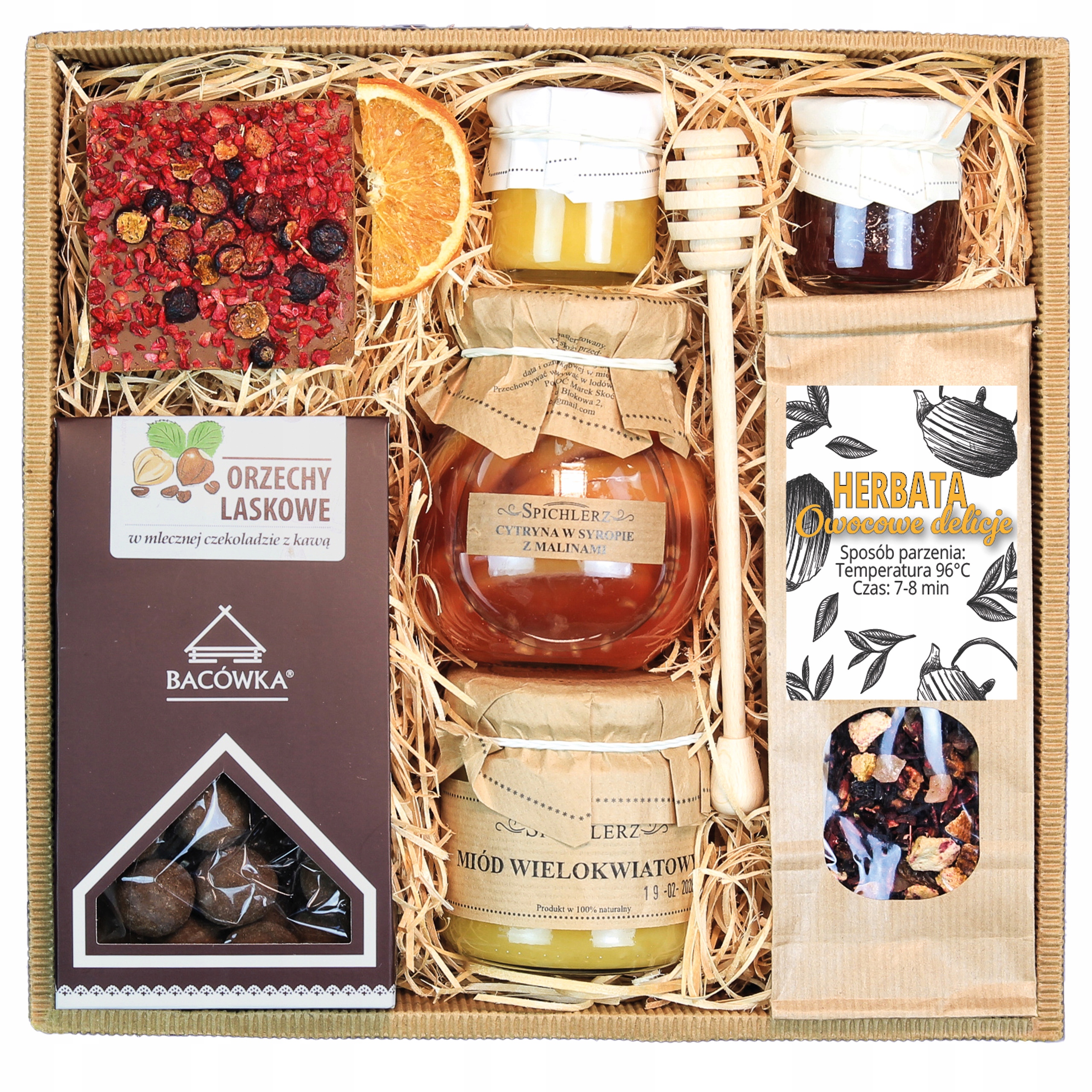 Kosz Box Prezentowy Herbata Miód Naturalny Czekolada Cytrynki