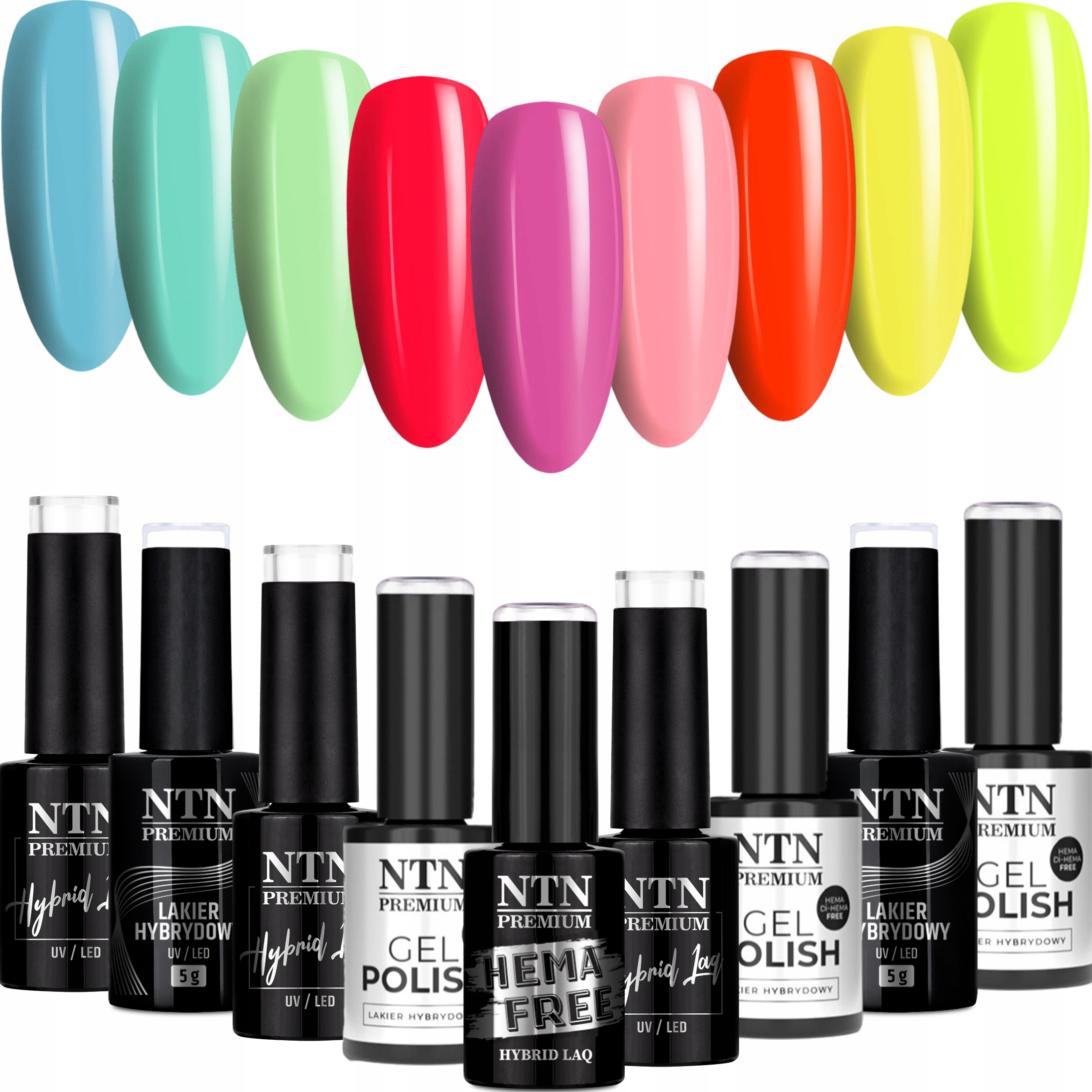 9x Lakier Hybrydowy Ntn 5g California Neonowy Zestaw 9w1 Letnie