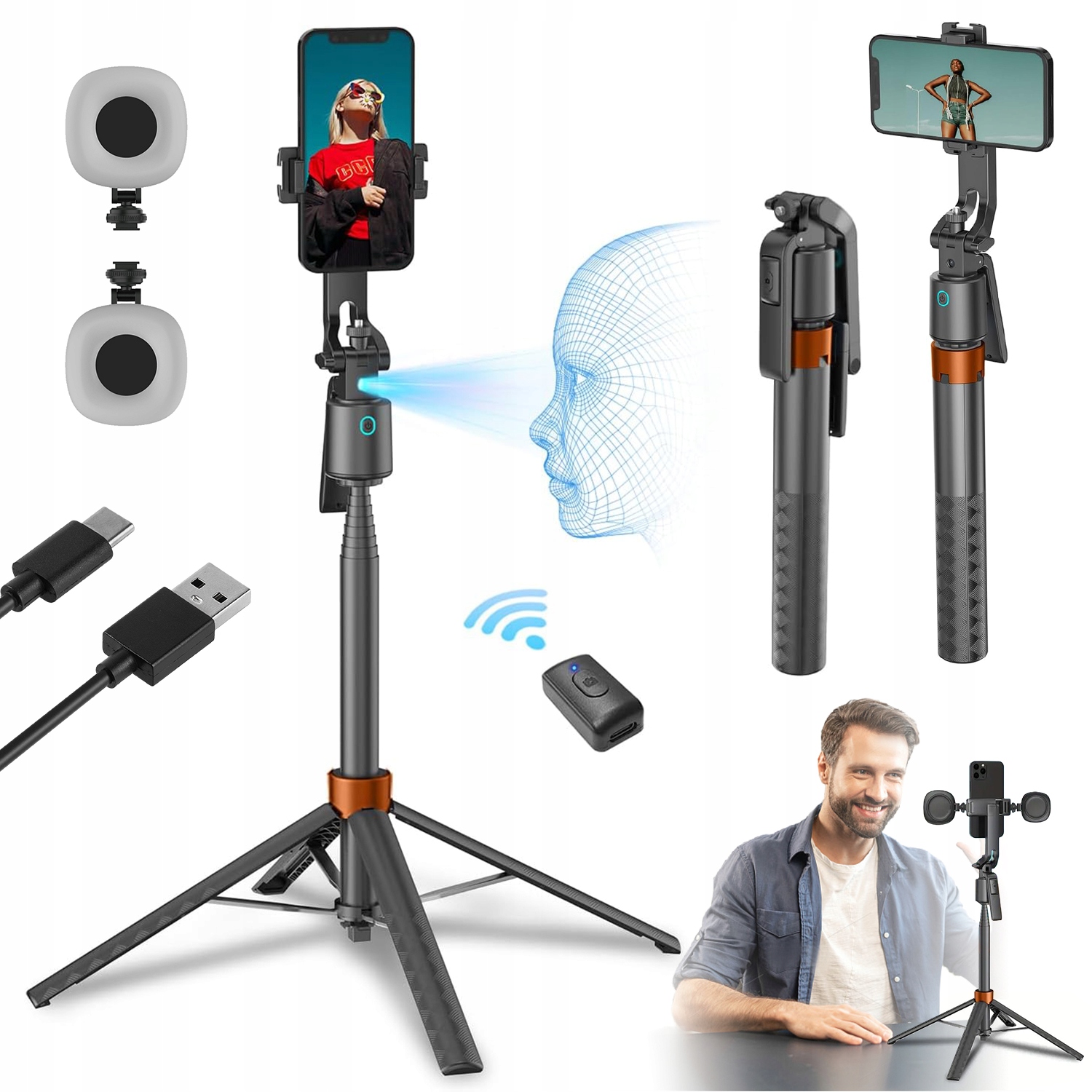 Teleskopická Selfie Tyč Černá 1200 Mah S Ai Sledováním A Dálkovým Ovládáním
