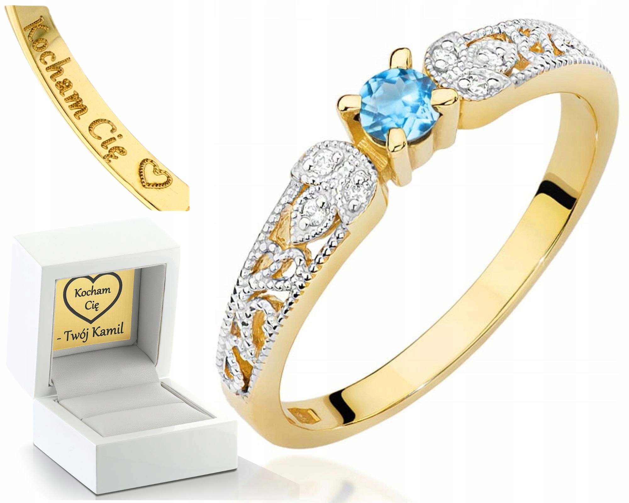 Zásnubní Prstýnek Žluté Zlato Topaz A Diamanty Gravírování 585 Dárek