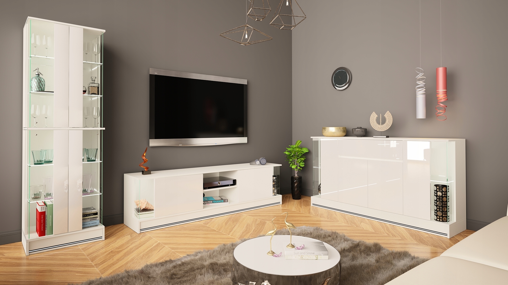 KOMODA EFECTO 2 160cm BIAŁY MAT POŁYSK + LED Wysokość mebla 85 cm