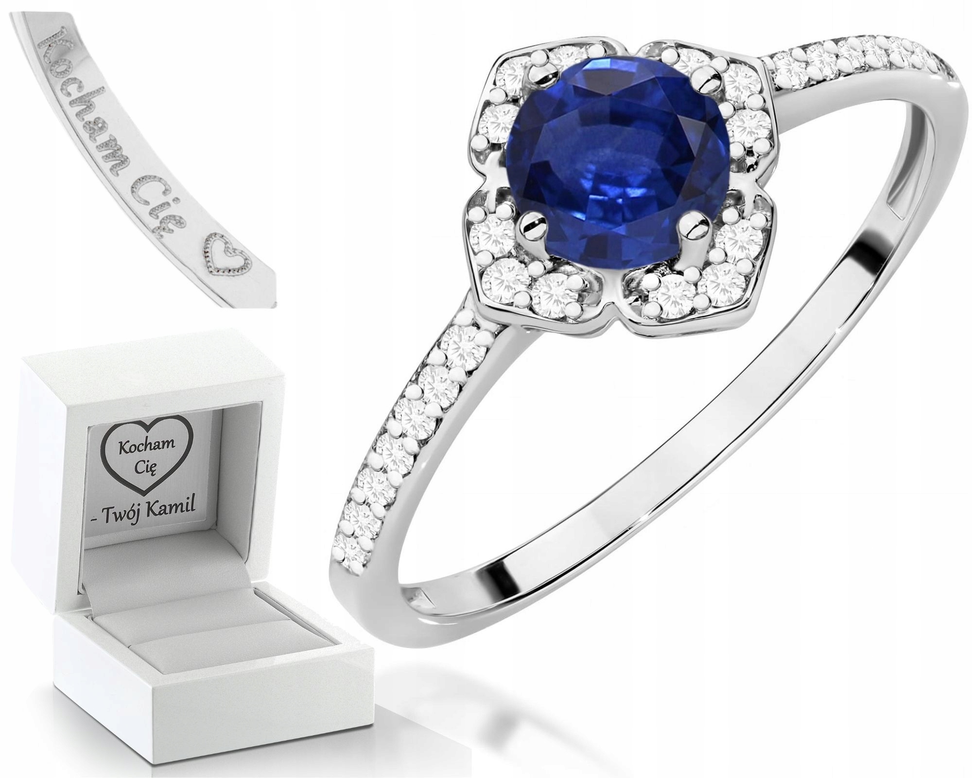 Bílý Zlatý Prstýnek Se Safírem A Diamanty, Zlato 585, Dárek Gravírování