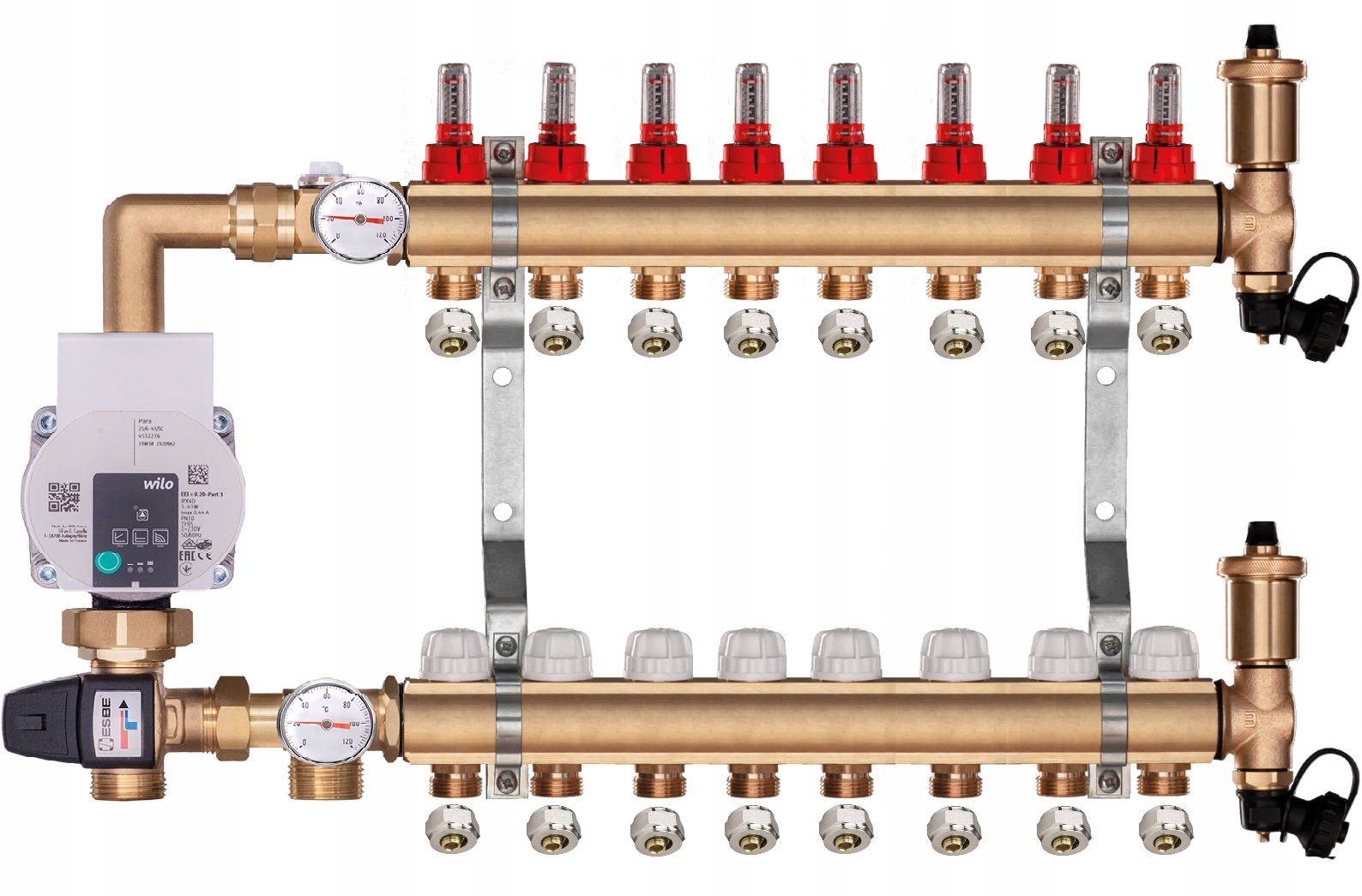 Mosazný rozdělovač pro podlahovku 8 s Čerpací Skupinou Wilo Pex Spojky