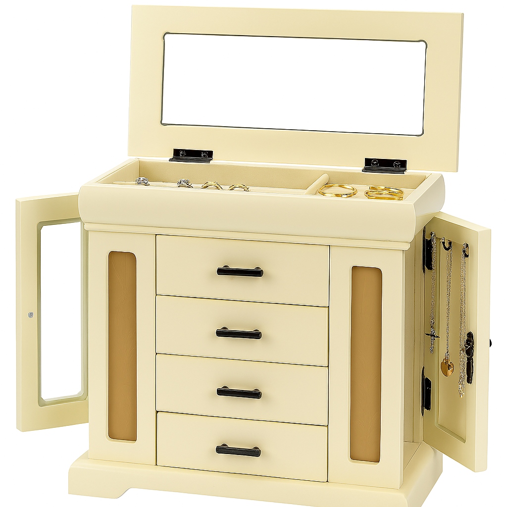 Kufřík dřevěný Vintage Šperkovnice na bižuterii háčky zrcátko zásuvky