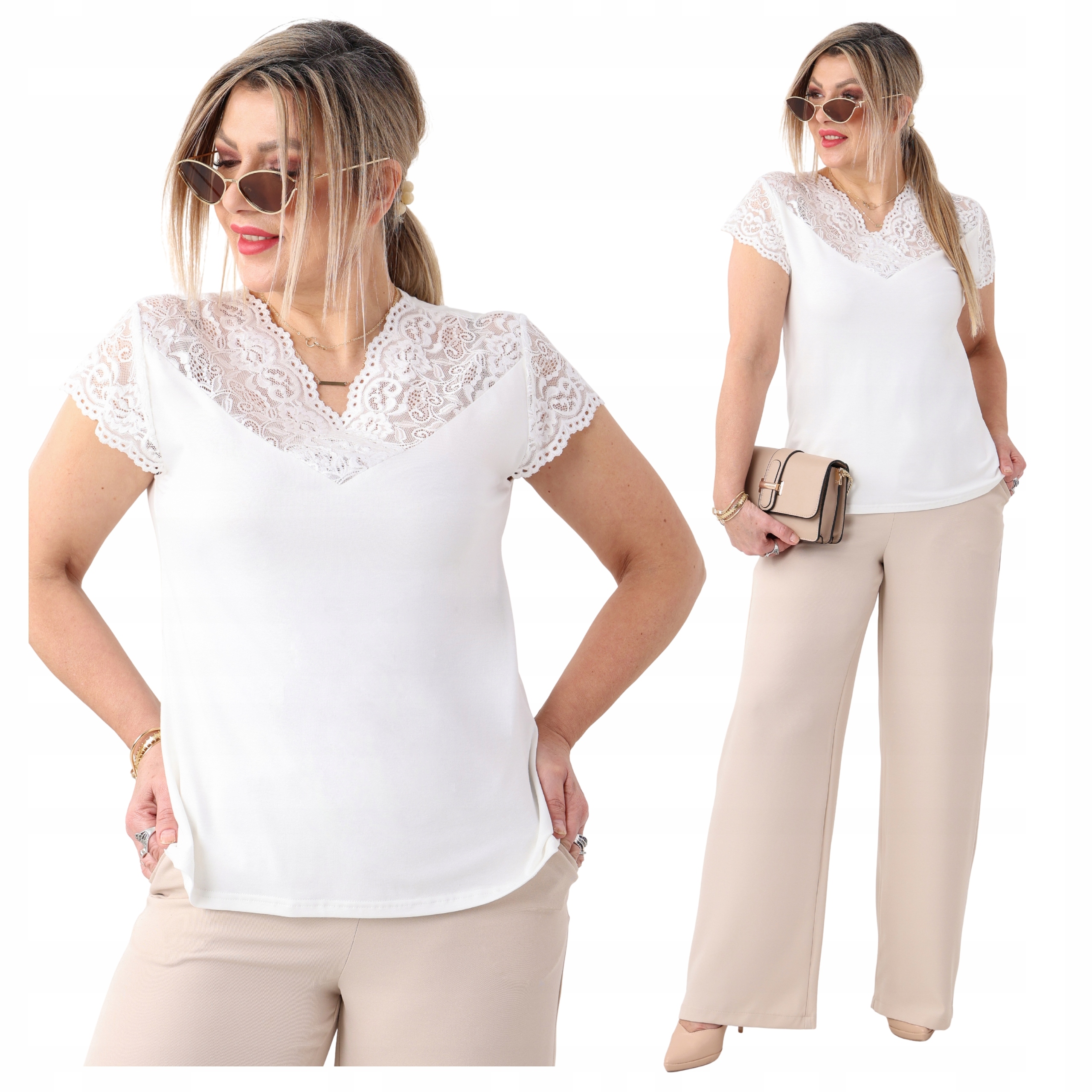 Bluzka Z Koronką Damska Elastyczna Duże Rozmiary Króki Rękaw