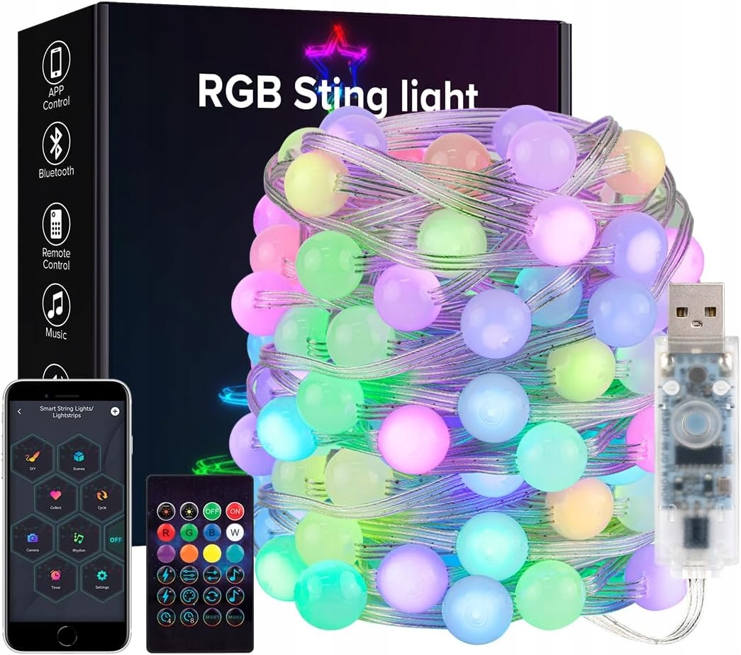 LAMPKI CHOINKOWE ŚWIĄTECZNA OZDOBY 40LED 5m APP TIMER KOLOROWE RGB Z PILOT