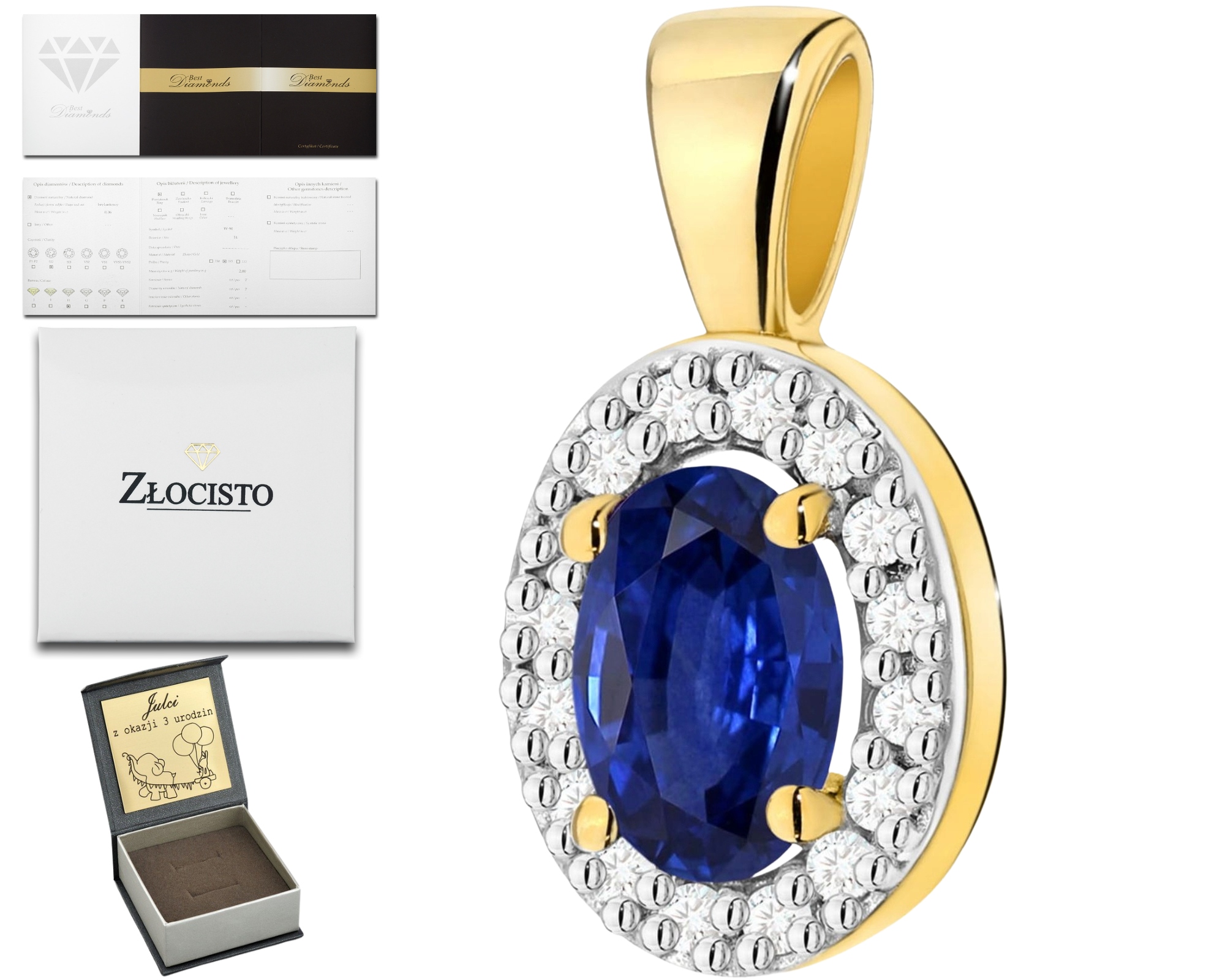 Zlatý Elegantní Přívěsek S Modrým Safírem A Diamanty 585