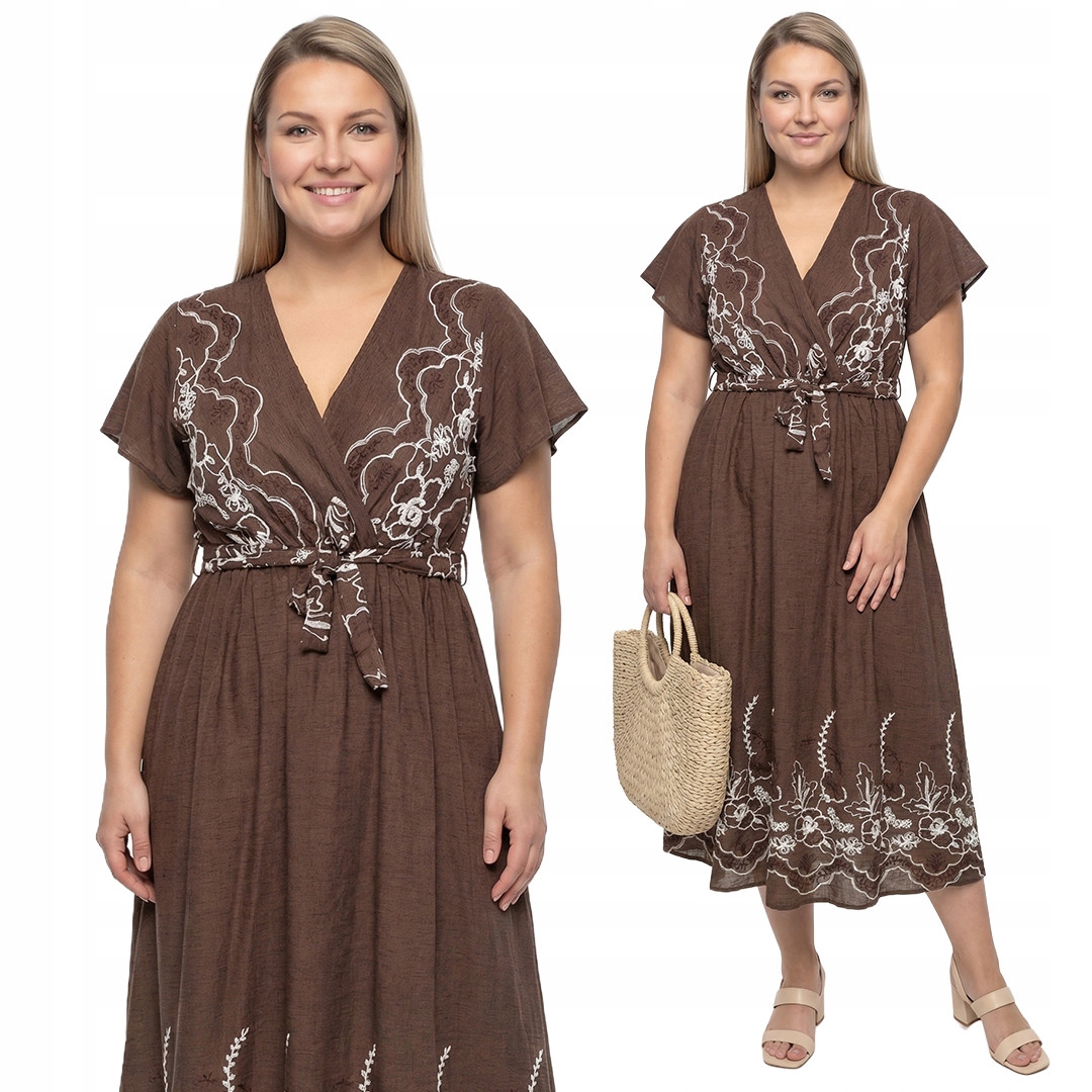 Hnědé šaty s vyšívanými květy plus size velikost 54