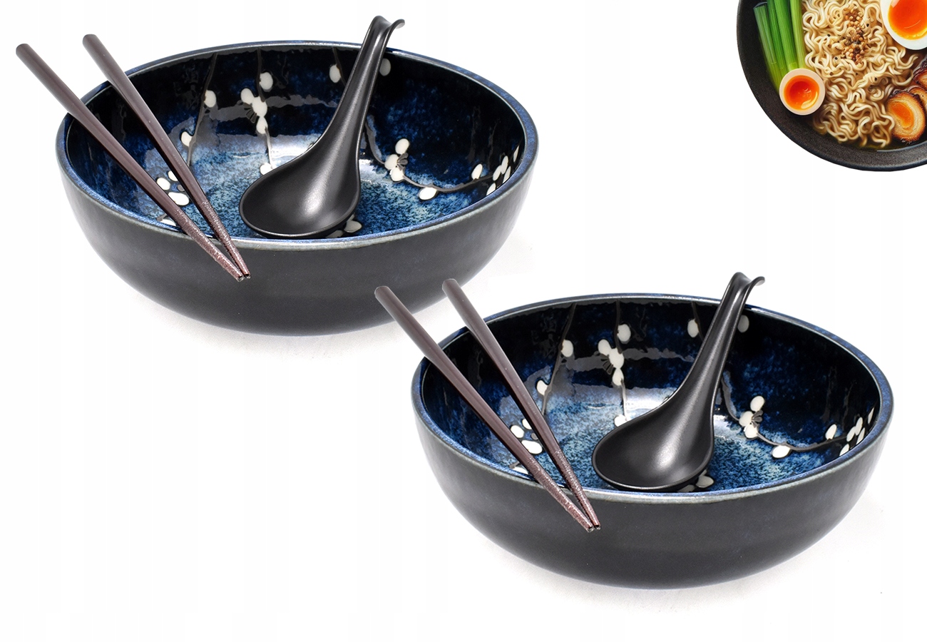 Sada 2 misek s lžícemi a paličkami Ramen Hana Blue 20 cm