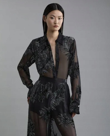 Karen Millen Černá Košile S Rostlinným Vzorem 36 B1F