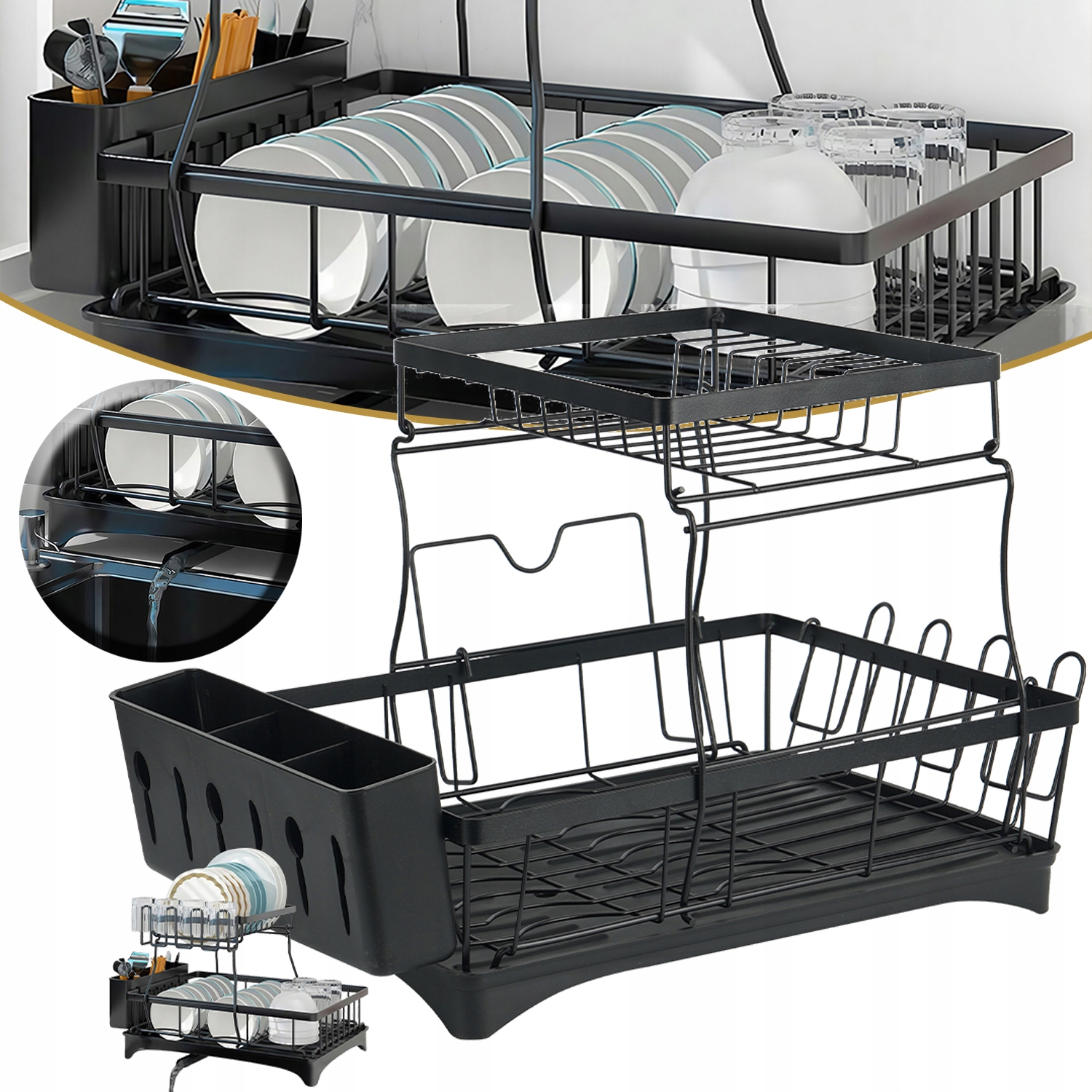 Levně Dvouvrstvá Odkapávač Na Nádobí S Velkou Kapacitou, Pořádek V Kuchyni, Černá Barva