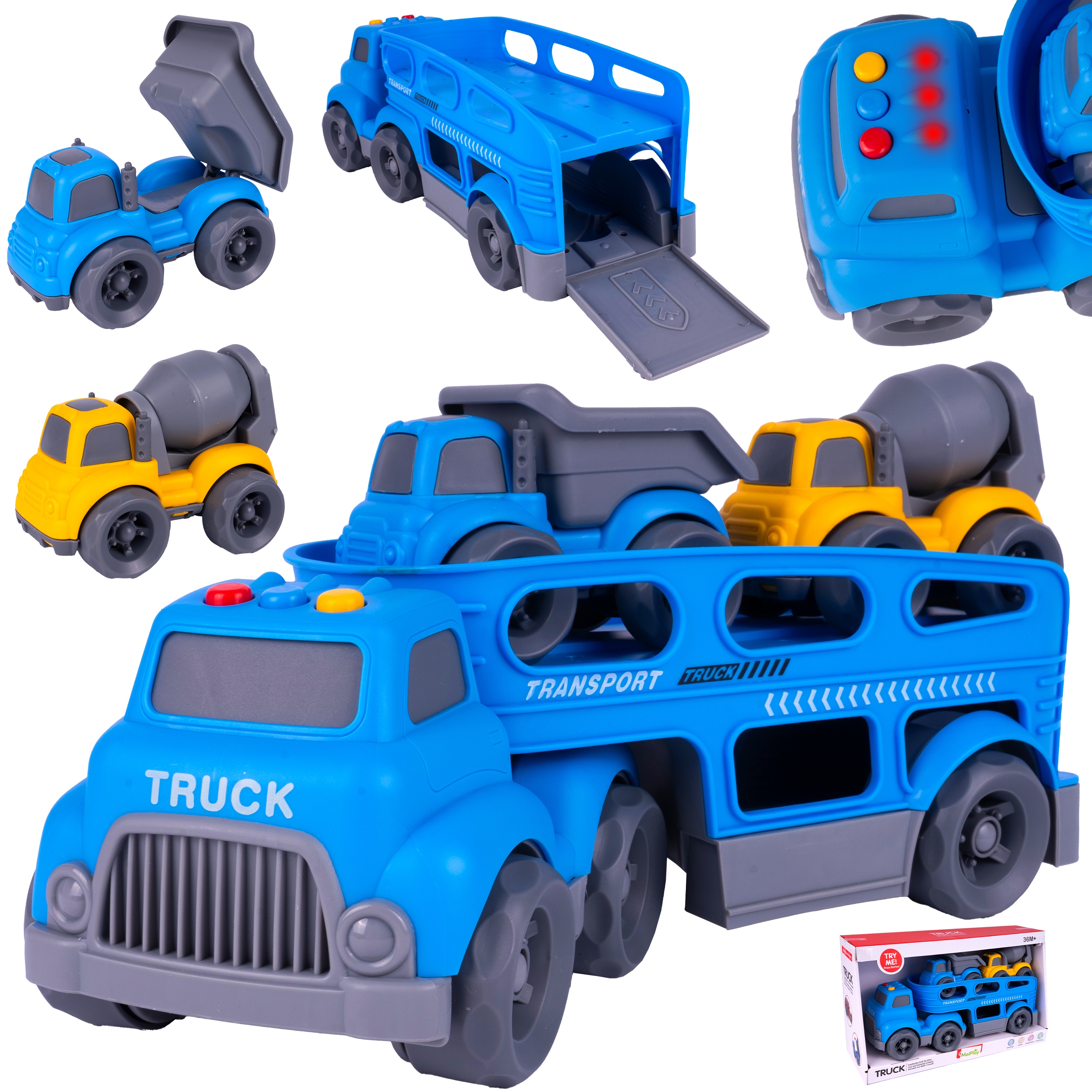 AUTO LAWETA CIĘŻARÓWKA SAMOCHODZIKI DLA DZIECI SAMOCHÓD BETONIARKA DZWIĘK