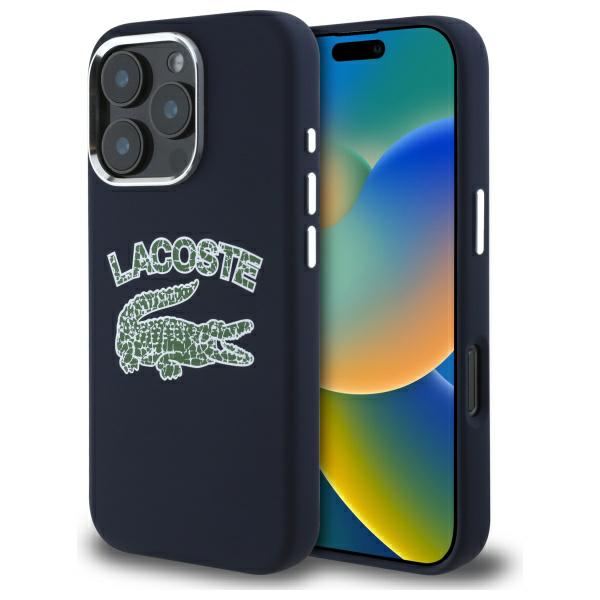 Pouzdro Lacoste pro iPhone 16 Pro 6.3", tmavě modré, silikonové, s logem MagSafe