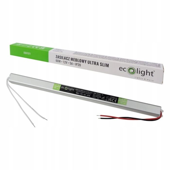 Zasilacz meblowy Slim do Taśm Led 60W 12V 5A IP20 310x18x18mm Ecolight