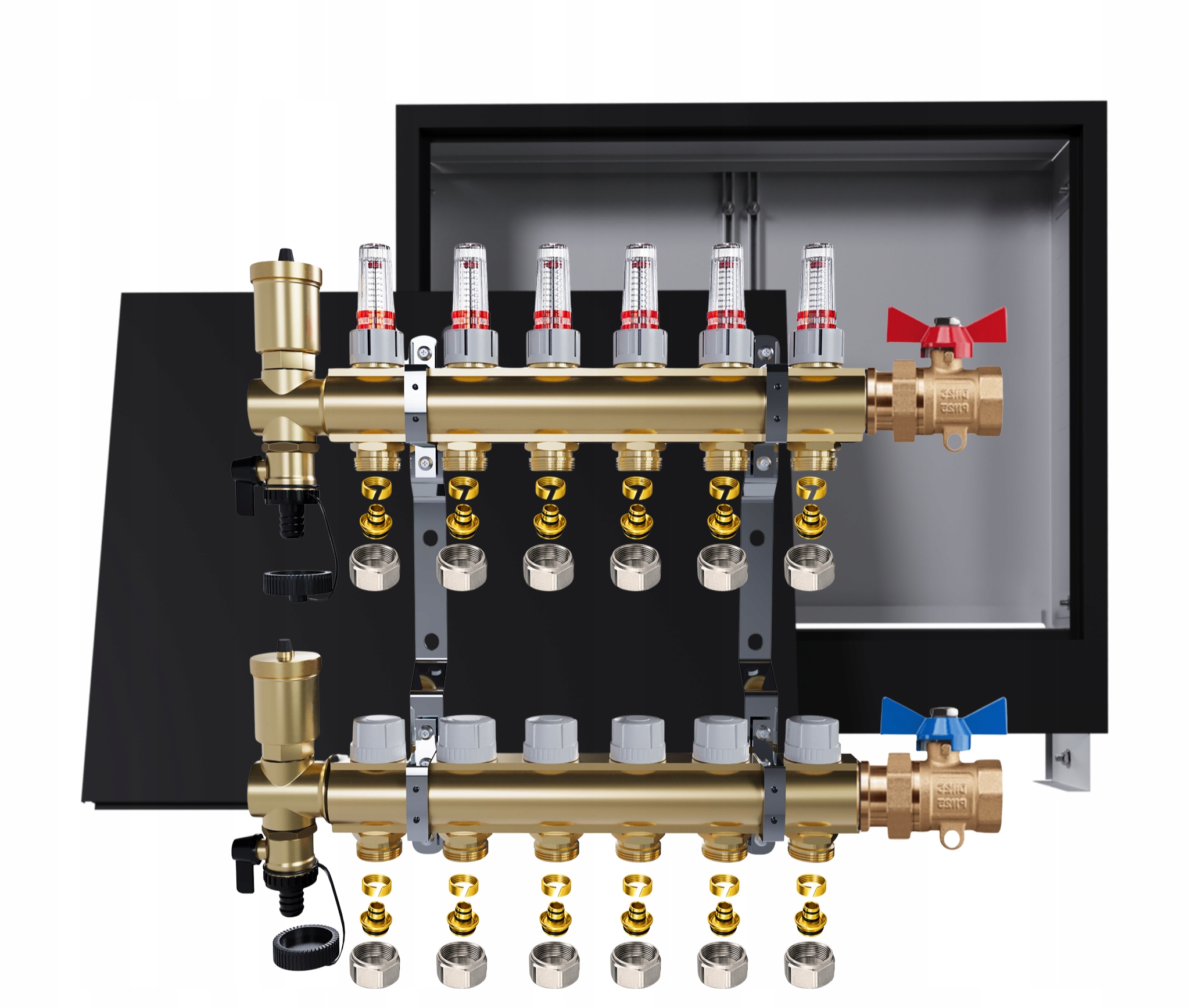 Rozdělovač podlahových krytin mosazný 6 okruhů Podomítkový černý Ventily Pex