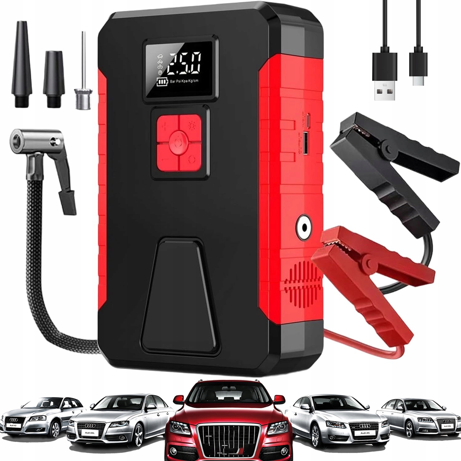 Silný Startér Jump Starter Booster 4v1 Kompresor Powerbank Led 29800mah