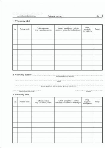 DRUK DZIENNIK BUDOWY ROZBIÓRKI MONTAŻU A4 60 kart. 30 kpl. samokopia A4 Rodzaj dziennik budowy