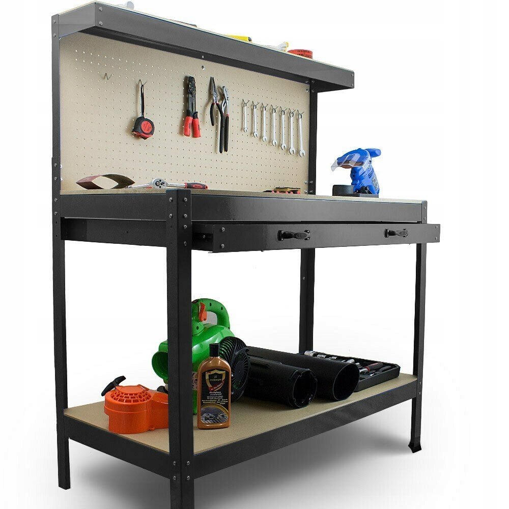 STÓŁ WARSZTATOWY ROBOCZY Z SZUFLADĄ I UCHWYTAMI HACZYKAMI CZARNY DO GARAŻU Głębokość produktu 55 cm
