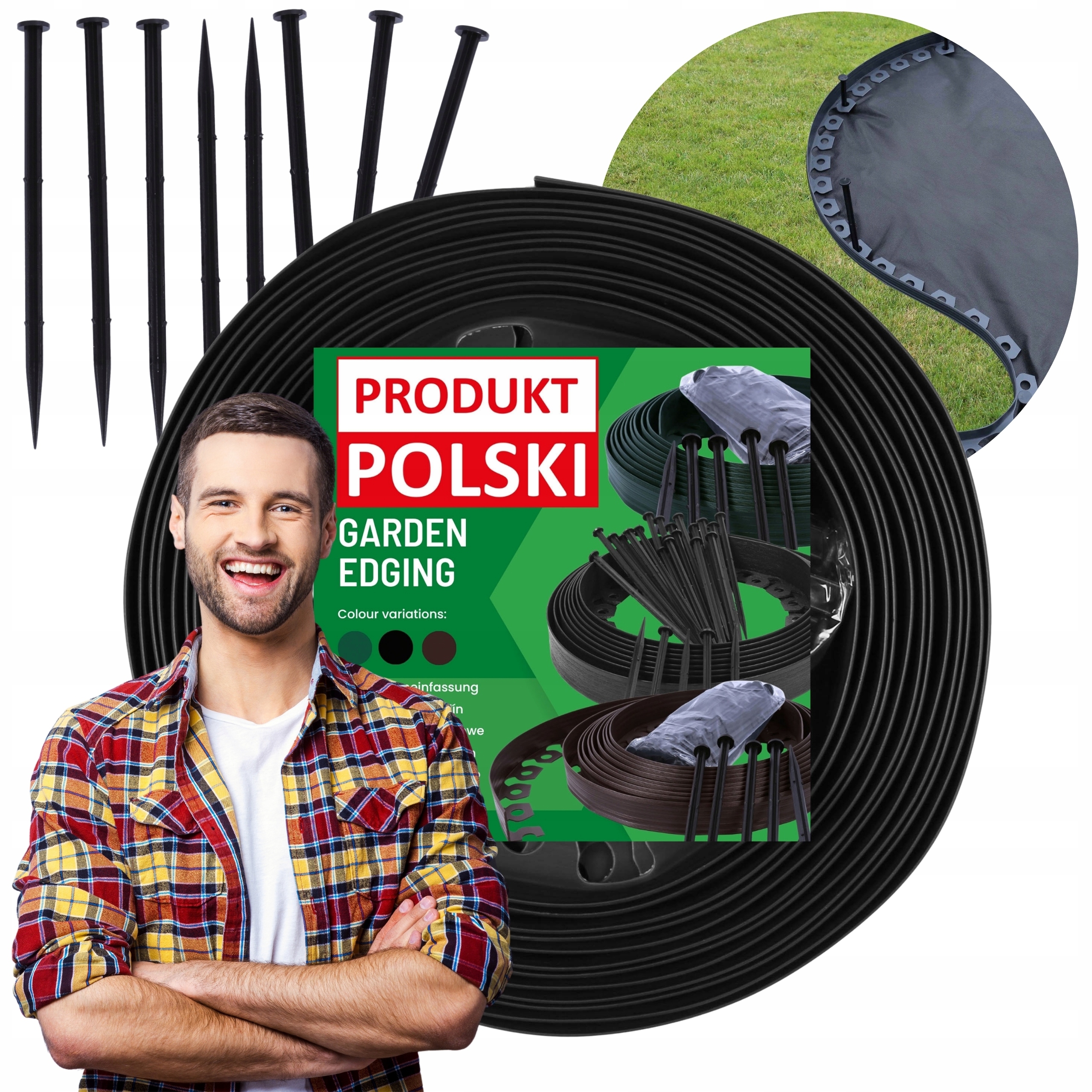 Černý zahradní lem Okraj 55 mm 20 metrů 60 kotev Polský Výrobek