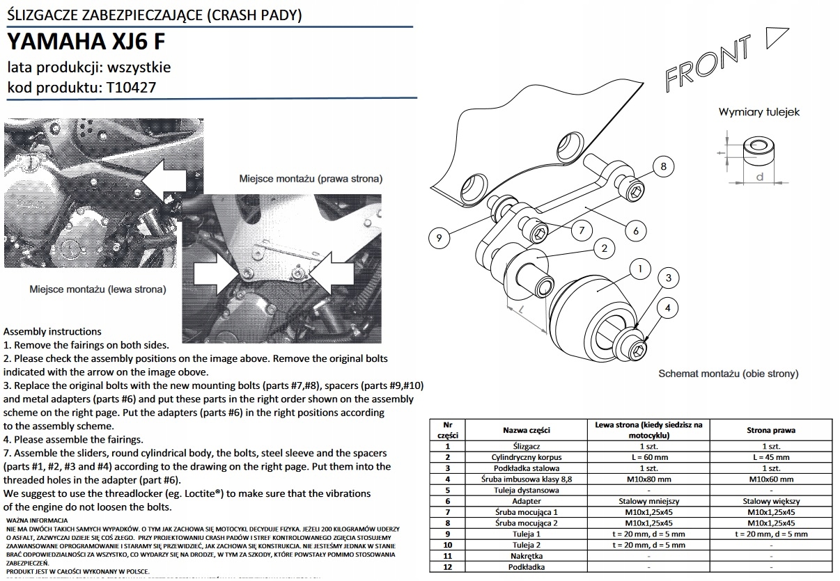 CRASH PADY RENNER YAMAHA XJ6 F kod: T10427