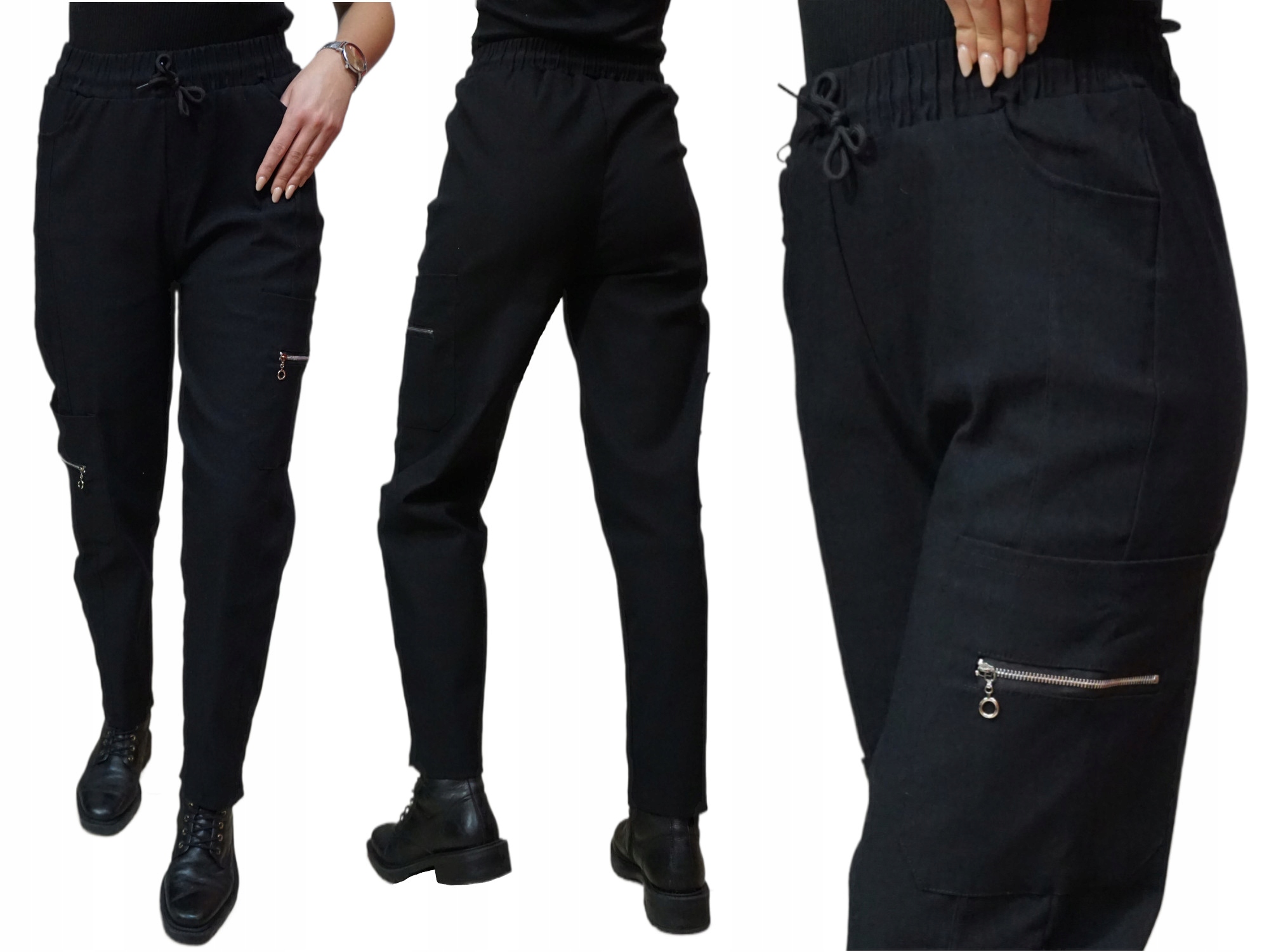 BOJÓWKI NA GUMCE SPODNIE CZARNE DAMSKIE WYGODNE WYSOKI STAN S/M