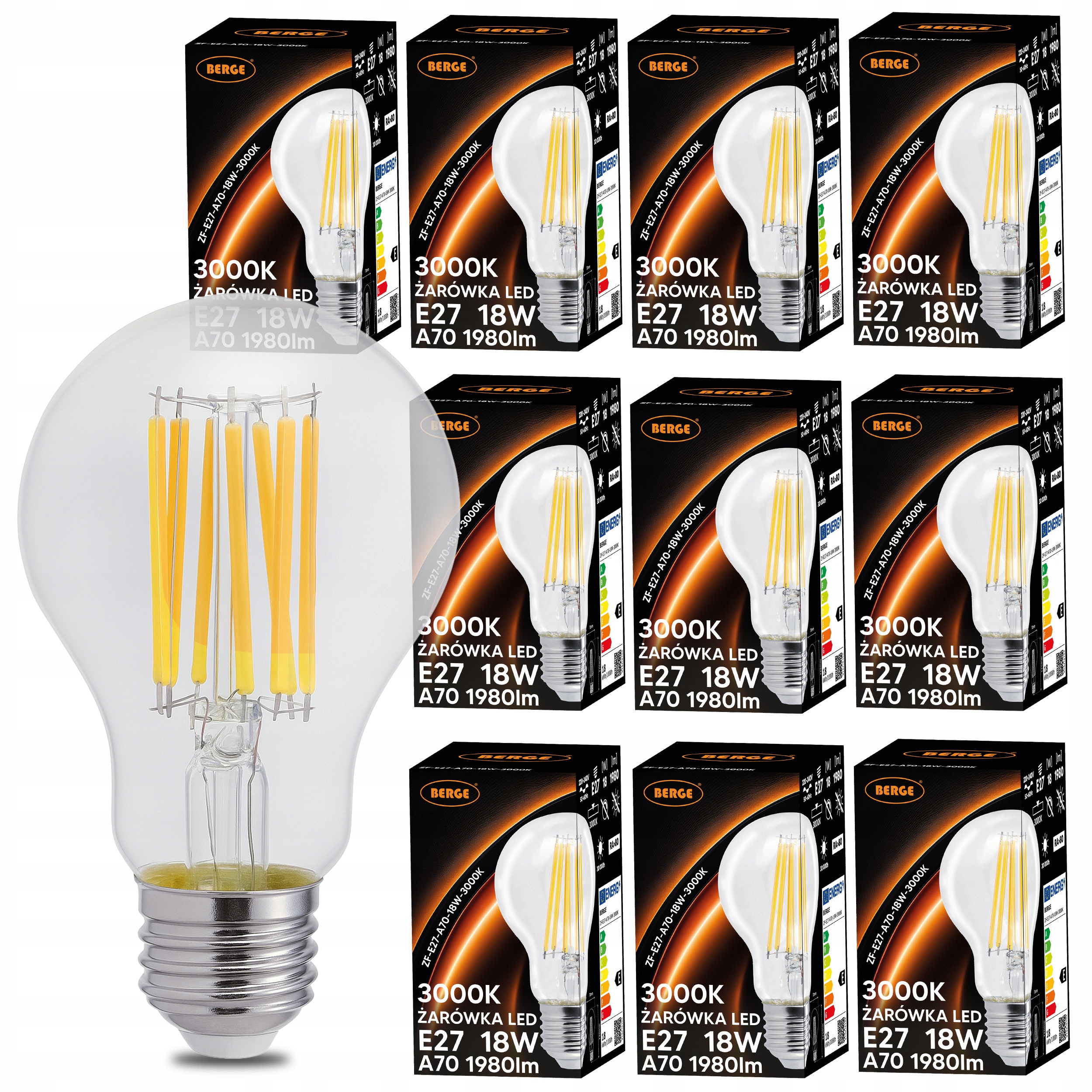 Led žárovka E27 18W 150W 1980lm 3000K Teplá žárovka Loft A70 Sada 10x
