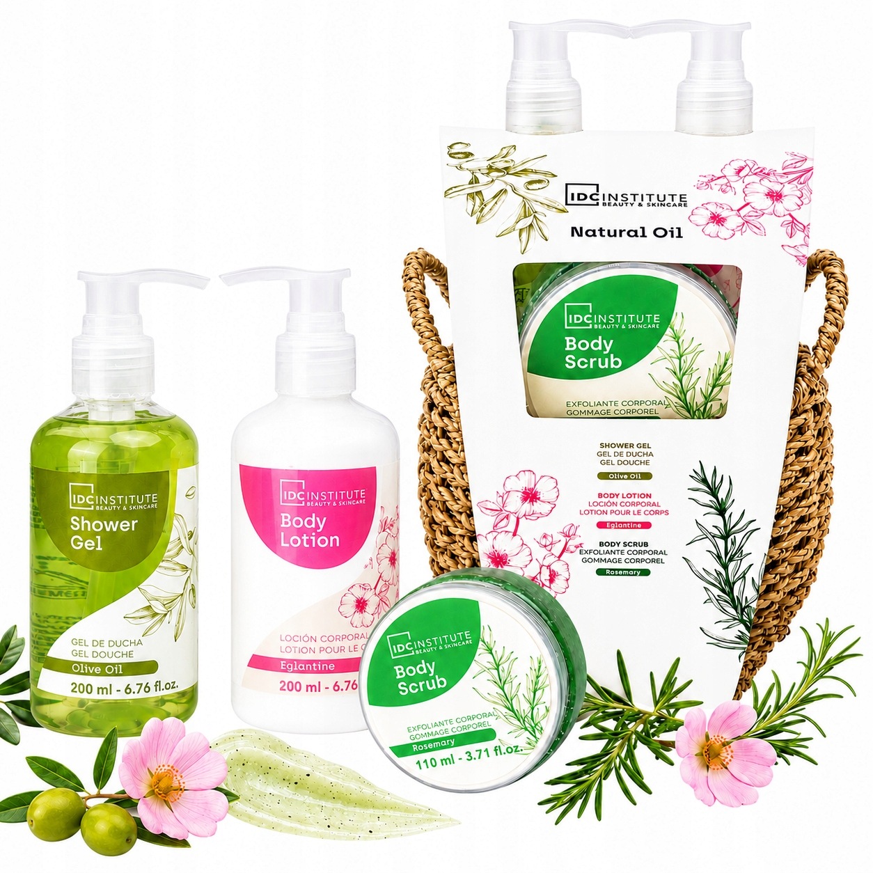 Kosmetická sada koš gel tělový balzám a peeling Natural Oils IDC