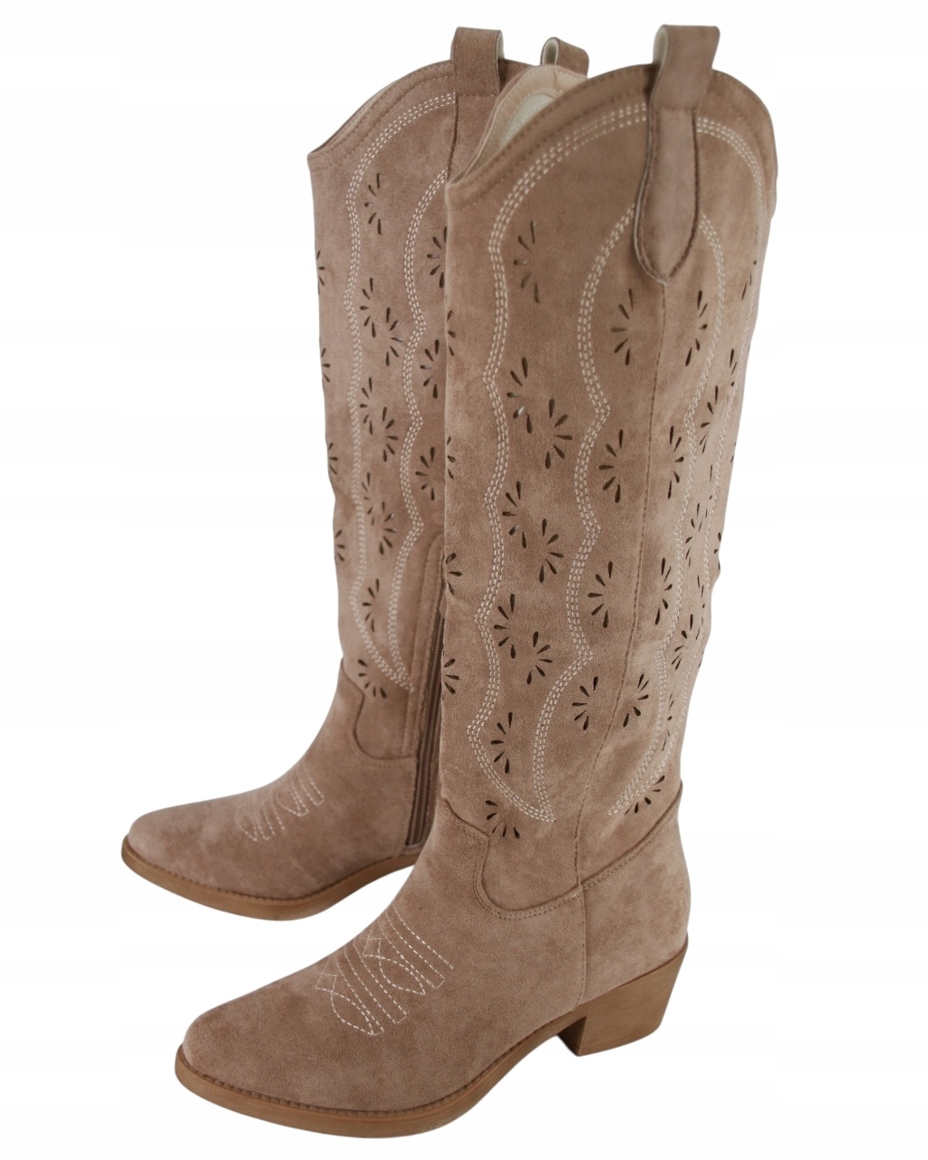 Dlouhé Kozačky Kovbojské Boty Semišové Khaki Dámské Boty Ažurové 37