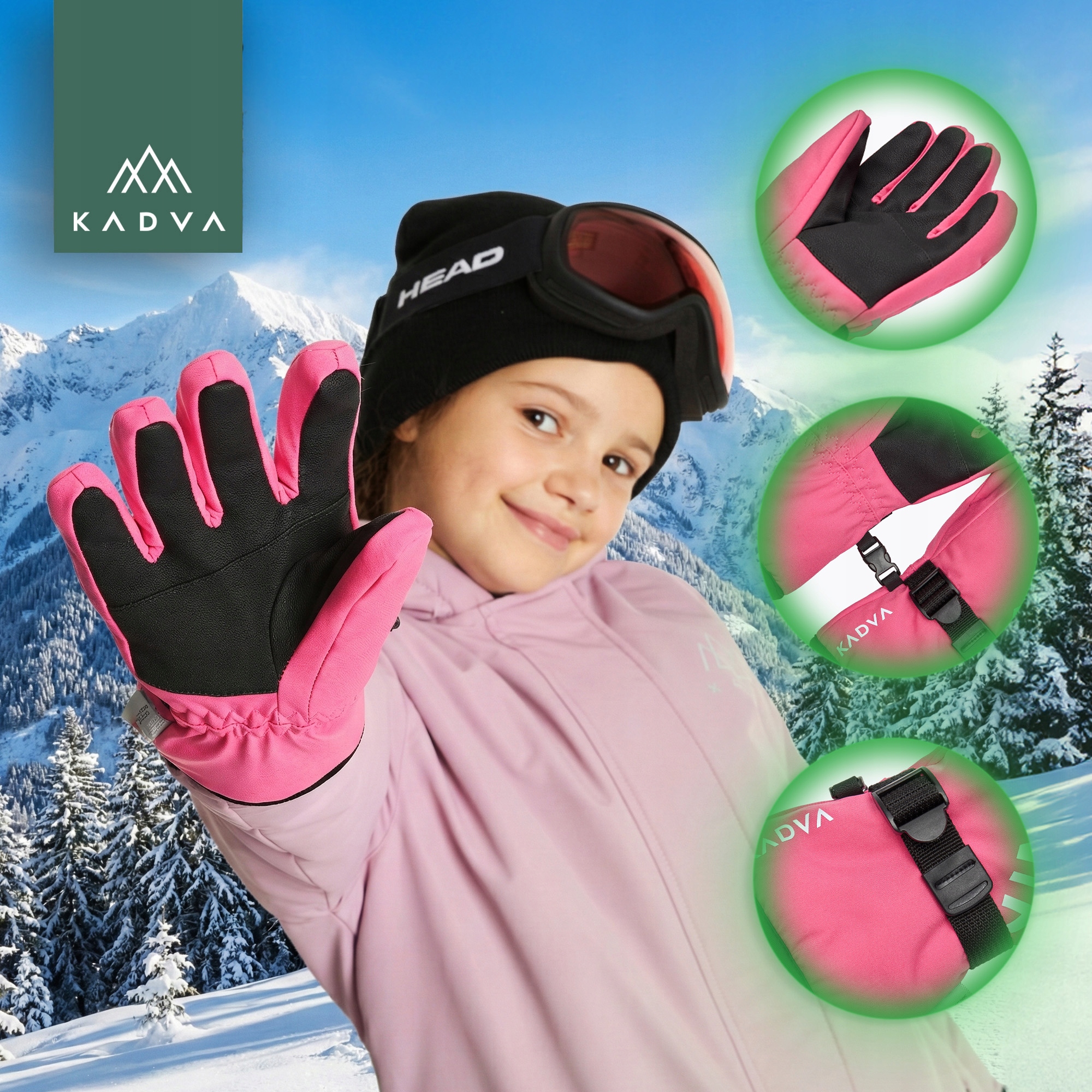 Rękawice NARCIARSKIE dziecięce KADVA S/M WODOODPORNE ZIMOWE OCIEPLANE Rozmiar S