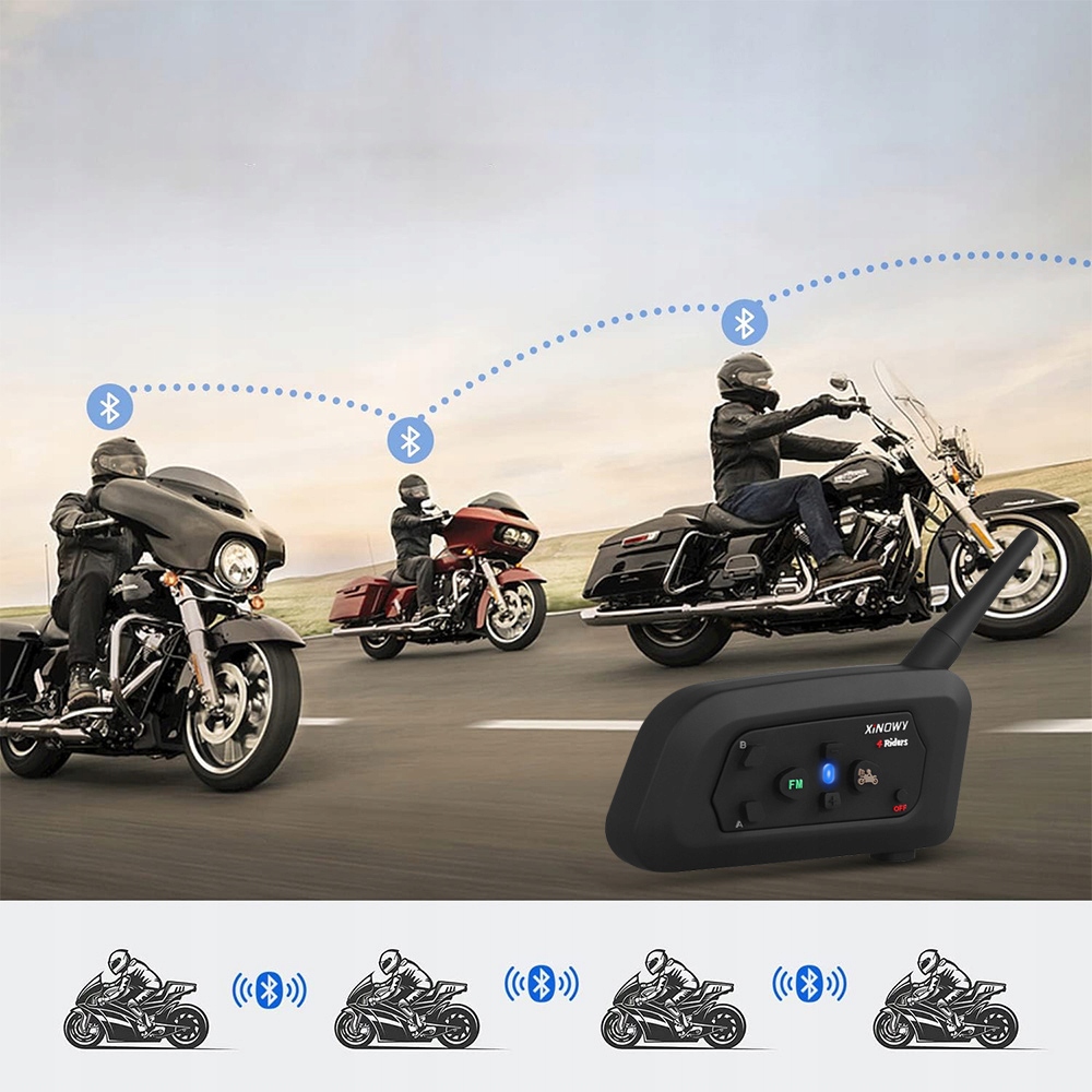 2X INTERKOM MOTOCYKLOWY FM 1200M 4 OSOBY BLUETOOTH 5.0 SŁUCHAWKI NA KASK Model Xinowy V4 Pro Interkom Motocyklowy Czteroosobowy