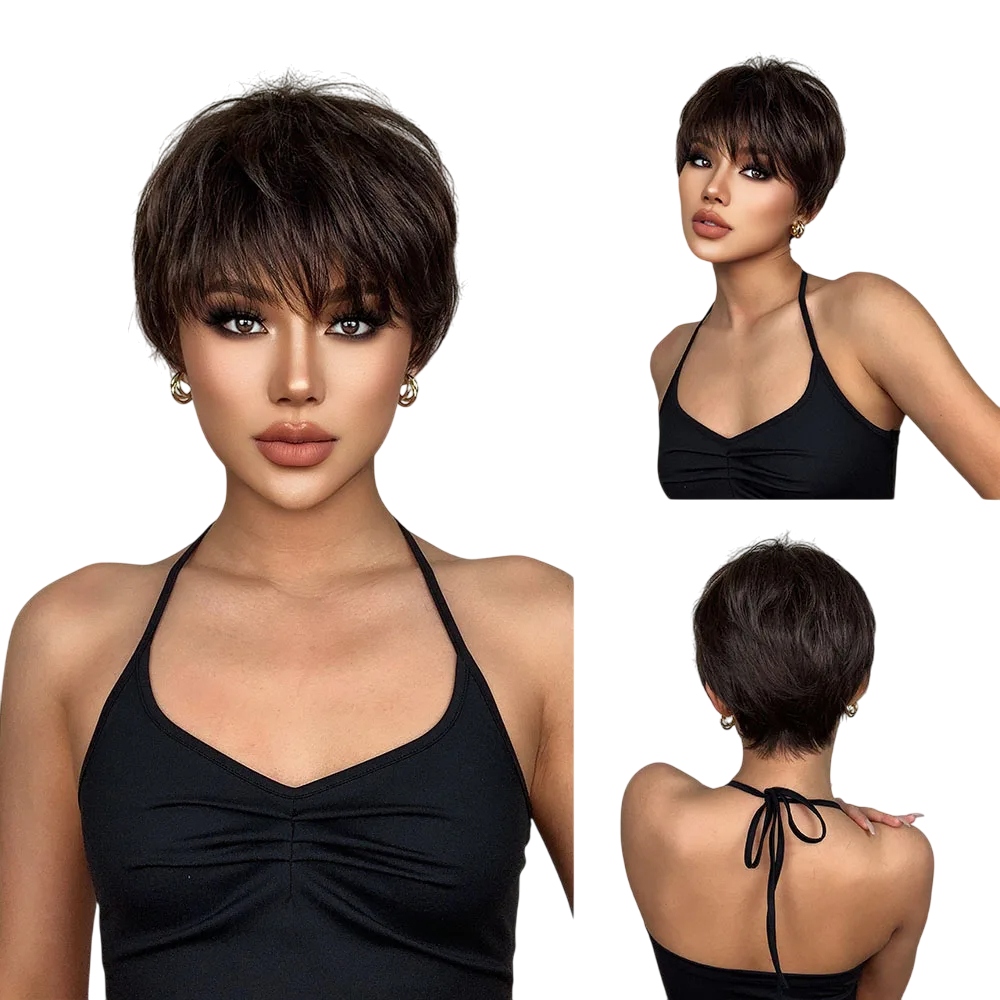 Peruka Brązowa Damska Krótka Pixie włosy Jak Naturalne czepek