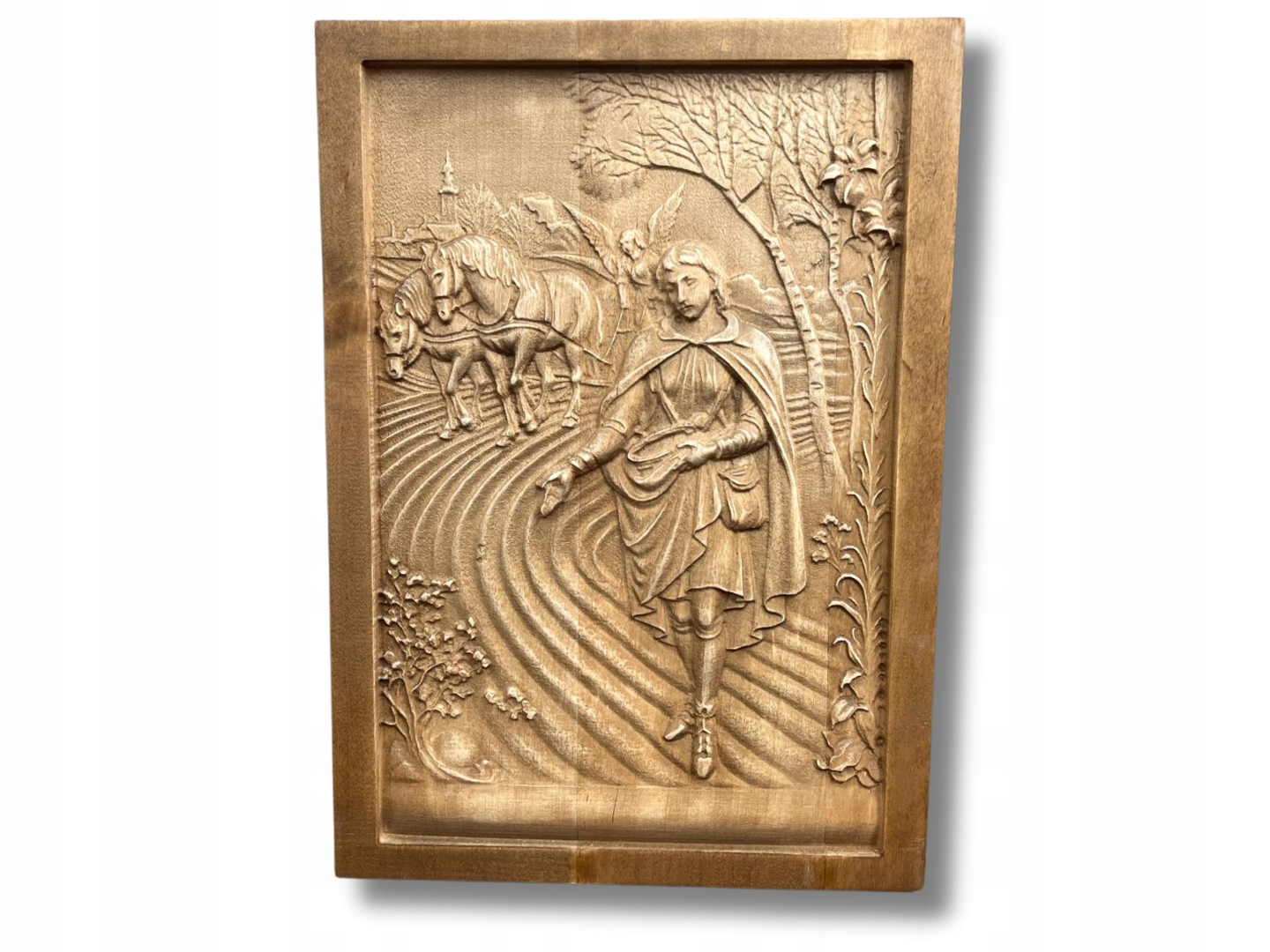 Drevený obraz Svätý Izidor patrón poľnohospodárov darček na zavesenie 35 cm