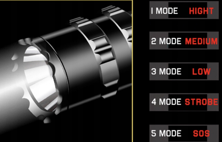 Latarka Taktyczna 2 Akumulatory Ładowarka 1000lm Liczba trybów 5