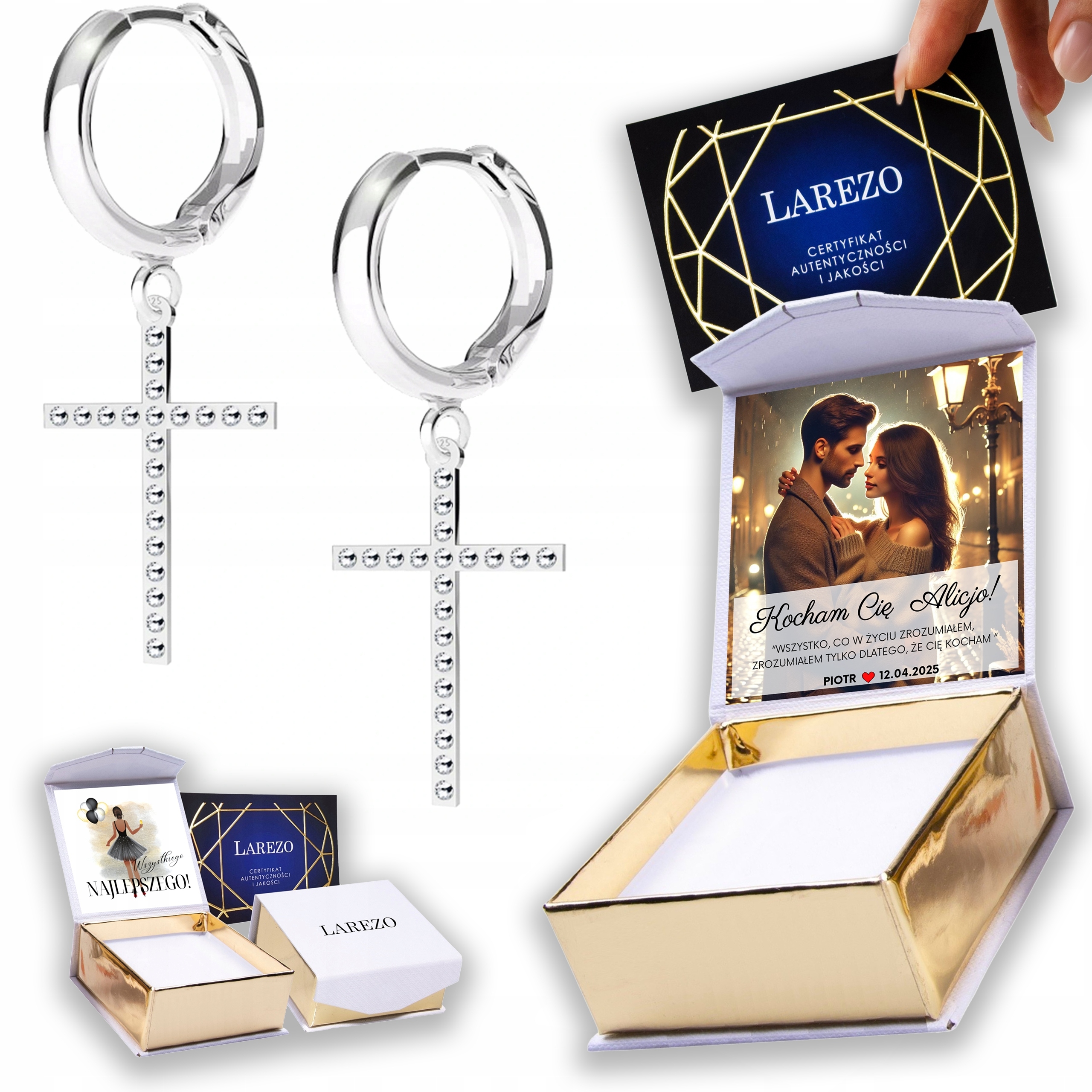 Stříbrné Náušnice 925 Křížek Cross Křížky s zirkony Potisk