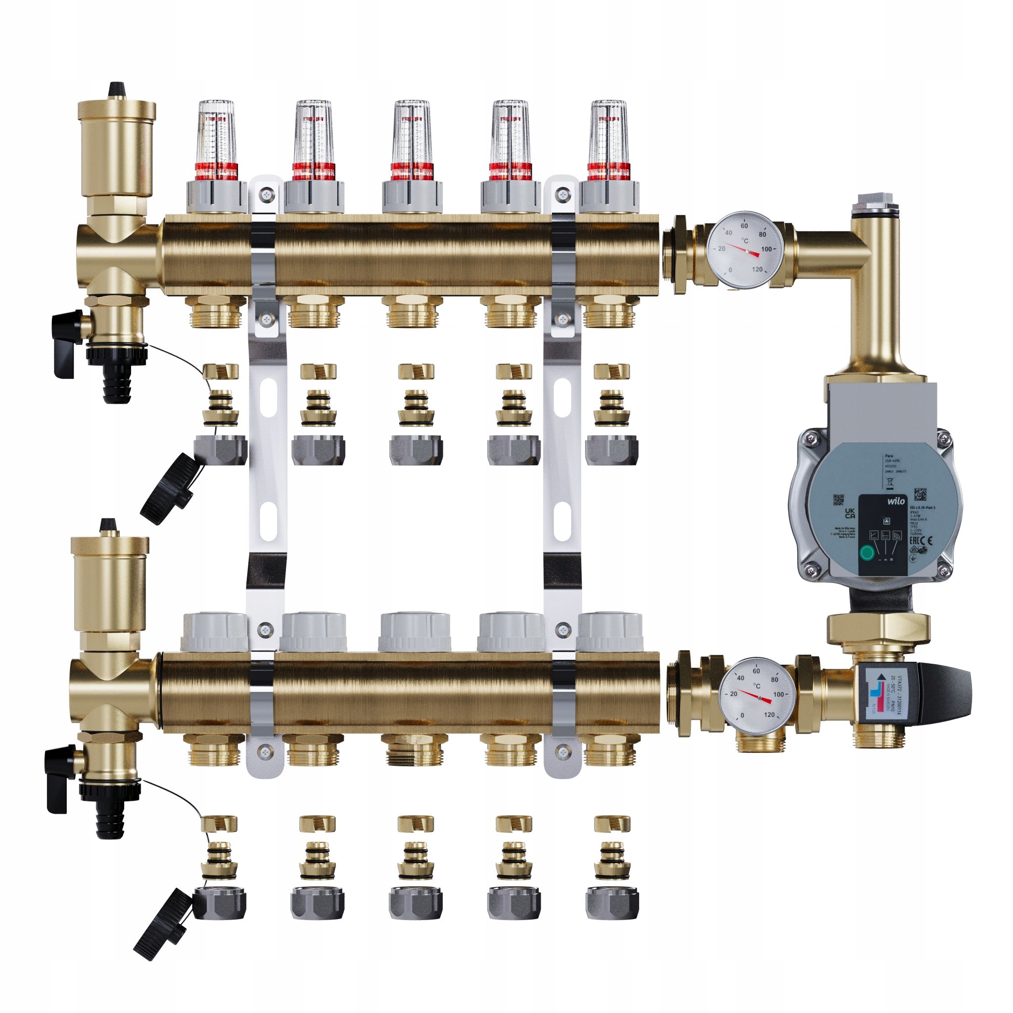 Rozdělovač pro podlahové topení 5 sekcí a Pex Spojky Čerpadlo Wilo