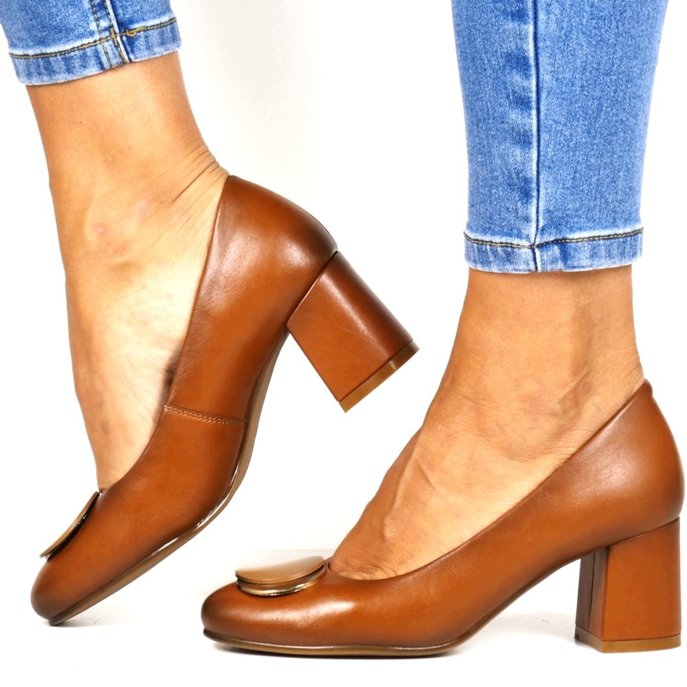 Camelové Lodičky, Stabilní, Elegantní, S Ozdobným Kolečkem, Bota Na Podpatku J6