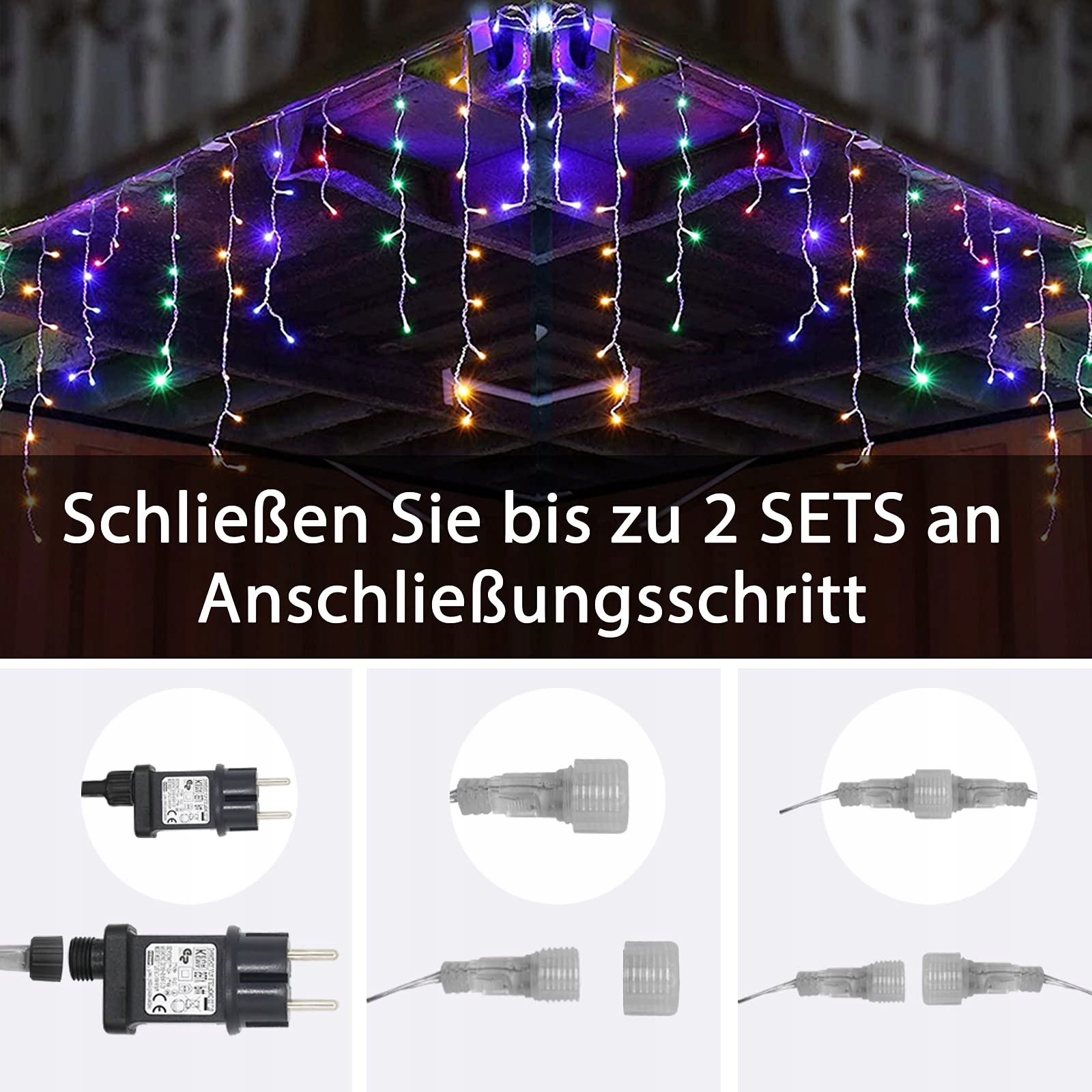INTERGO Kurtyna Świetlna Zewnętrzna Lampki Kolorowe 8 Trybów 15M 600LED — miniatura 6