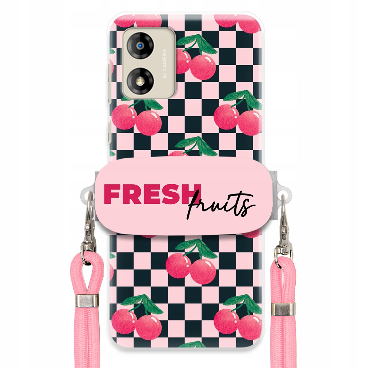 Puzdro pre Motorola E13 Vodítko Pink Crossbody držiak šachovnice Fresh Fruits
