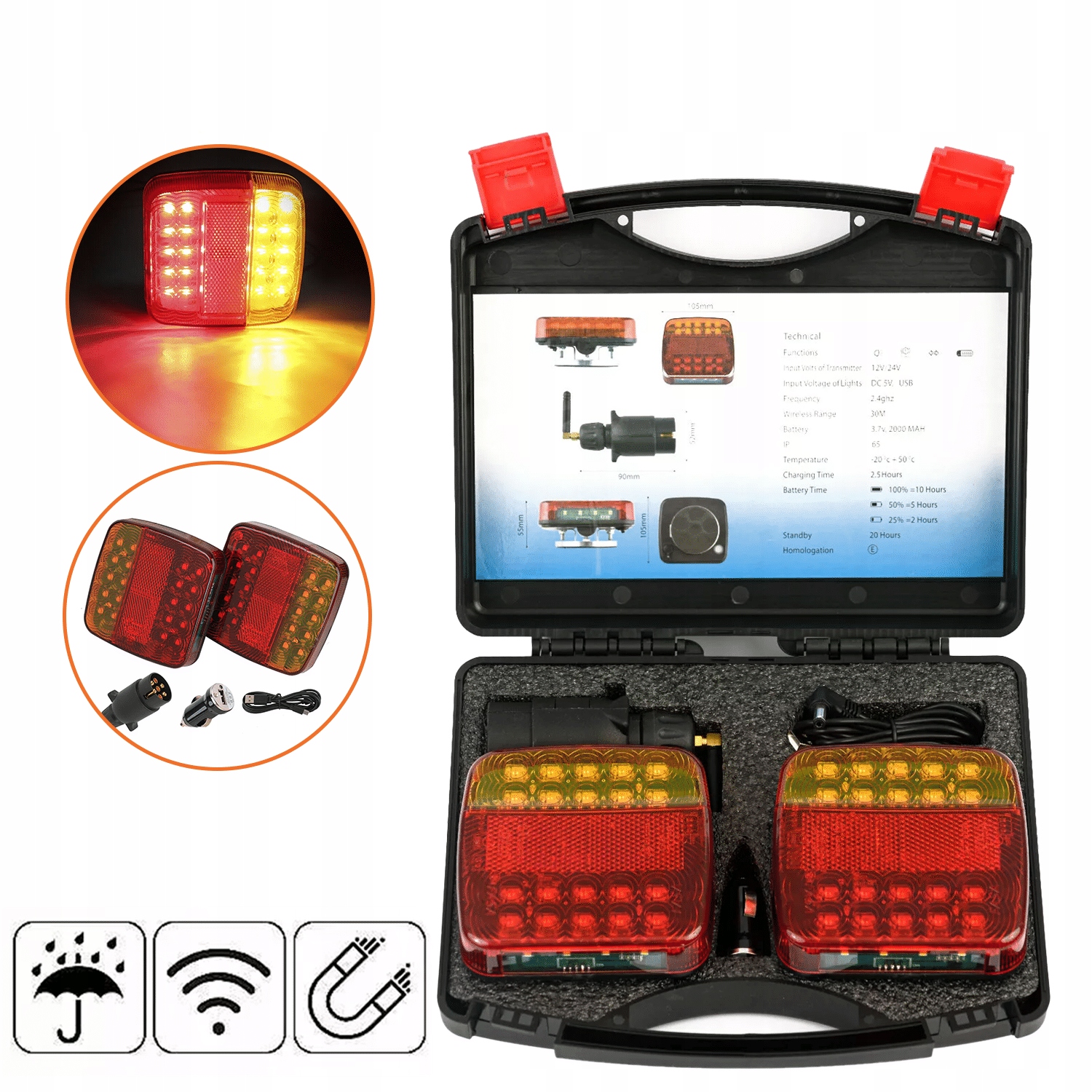 Belaidžių galinių LED lempų rinkinys su magnetais, 12–24 V, 7 kontaktų, IP65, 5 funkcijų, 2000 mAh