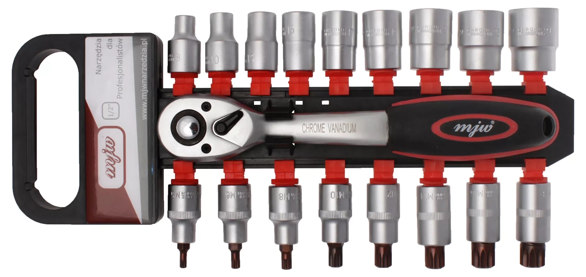 Sada nástrčných klíčů 1/2 6-hran a Spline s ráčnou Mjw