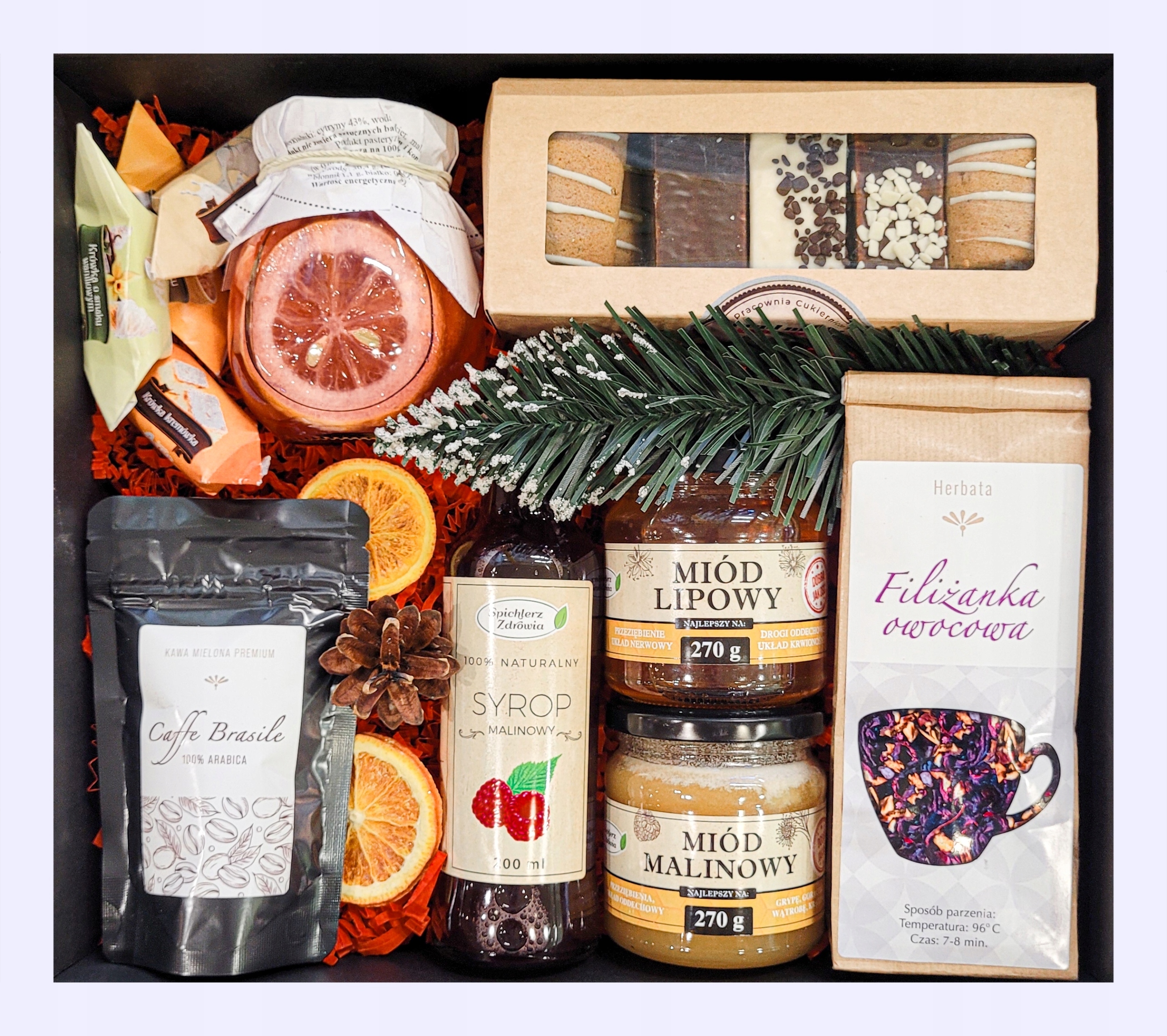 Levně Velký Koš Dárková Sada Medový Sirup Perníky Čaj Čokoláda