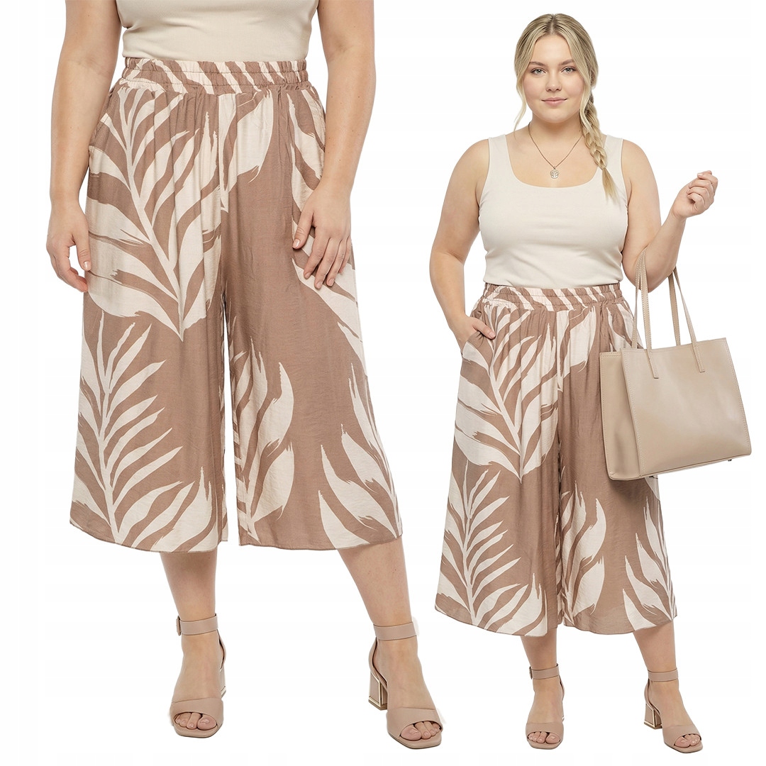 Tmavě béžové kalhoty světlé listy plus size velikost 46