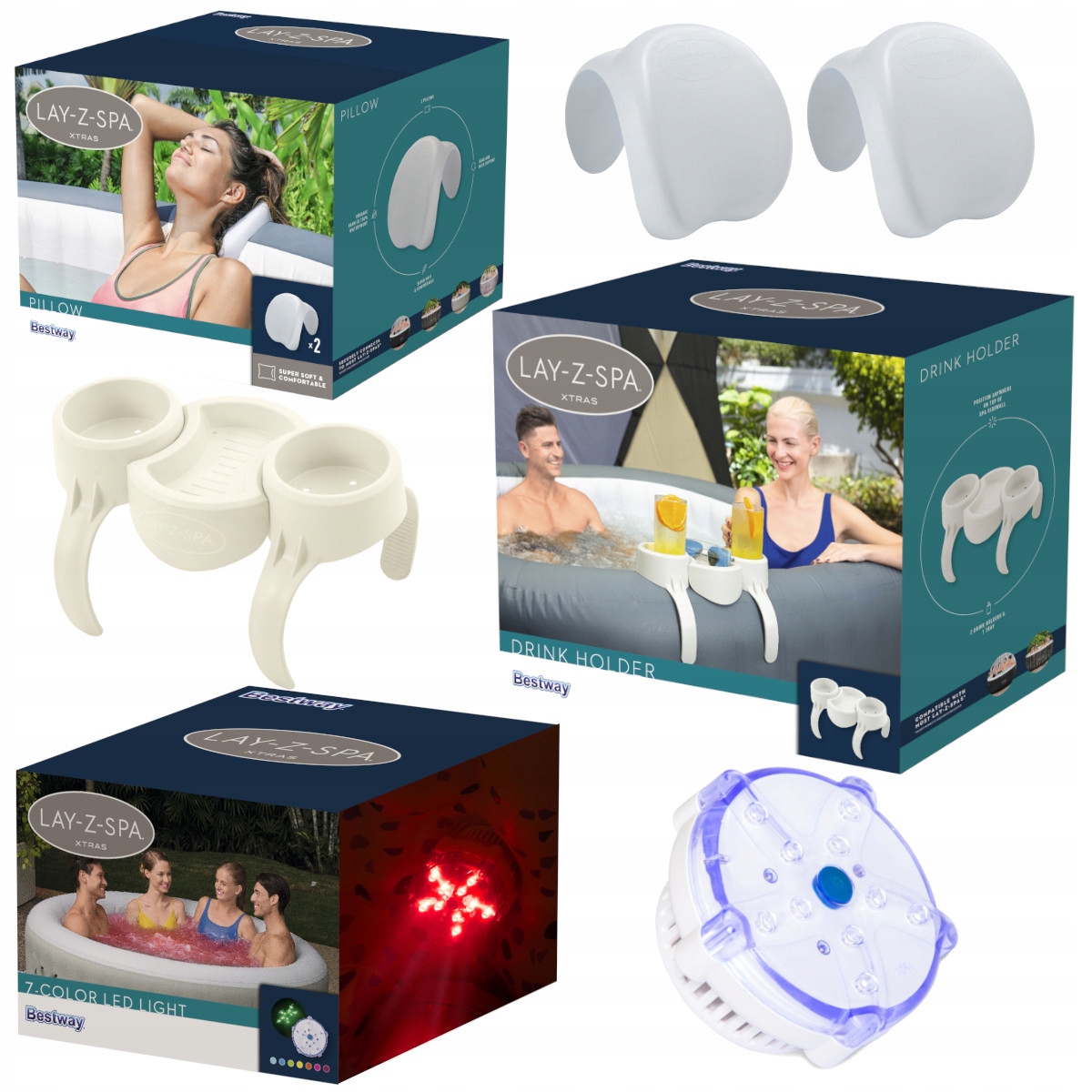 Sada 3v1 Bestway Držiak na nápoje Lay-Z-Spa +2x Vankúš Rgb Led lampička