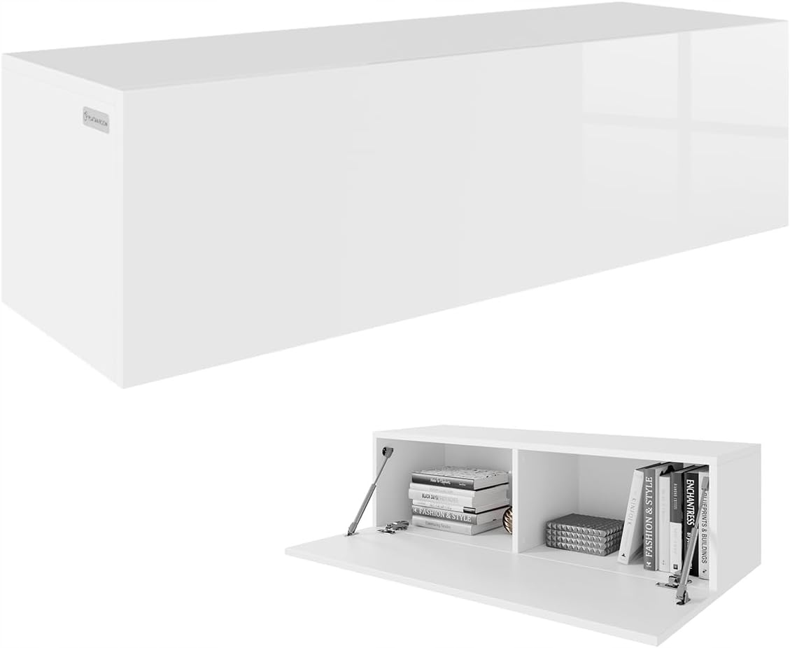 Noční stolek 105 x 30 x 32 cm, závěsná skříňka s přední částí v lesku, bílá